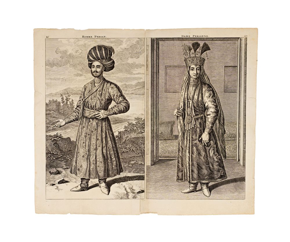 Lot 206: CORNELIS DE BRUYN, A PAIR OF COPPERPLATE ENGRAVINGS OF PERSIAN FIGURES IN SAFAVID CUSTOMS, 17TH CENTURY