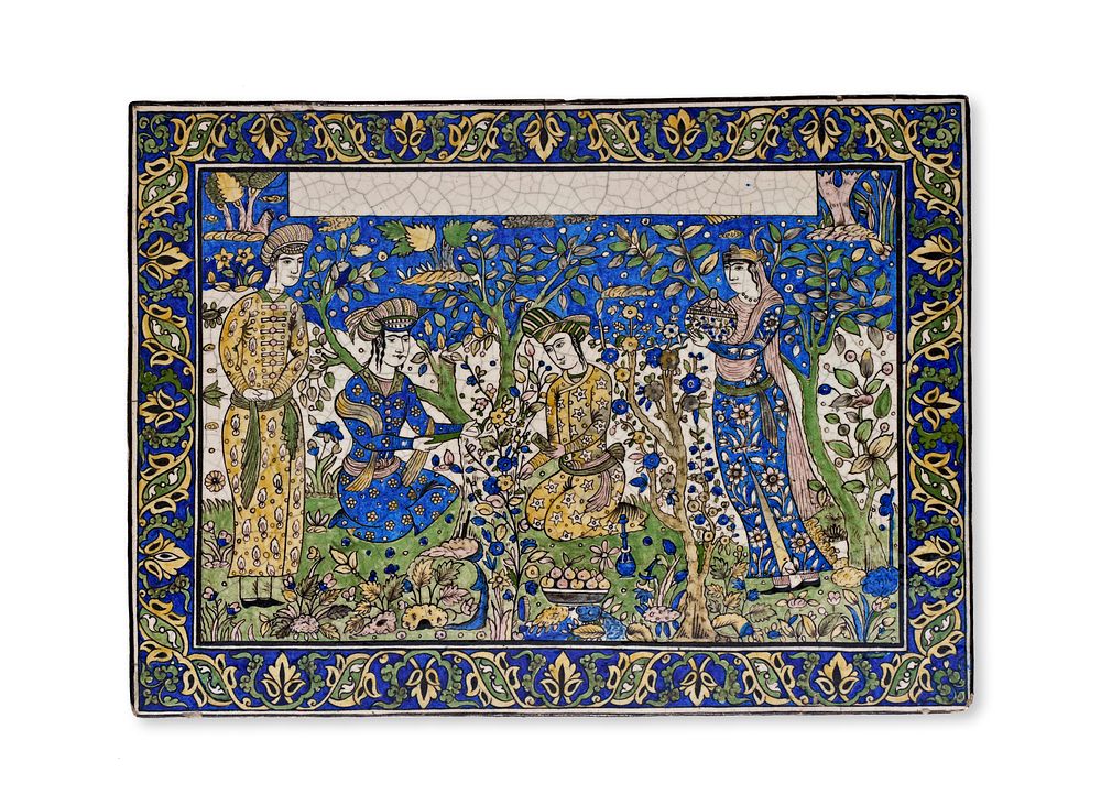 Lot 100: A LARGE QAJAR POLYCHROME POTTERY TILE, PERSIA, 19TH CENTURY