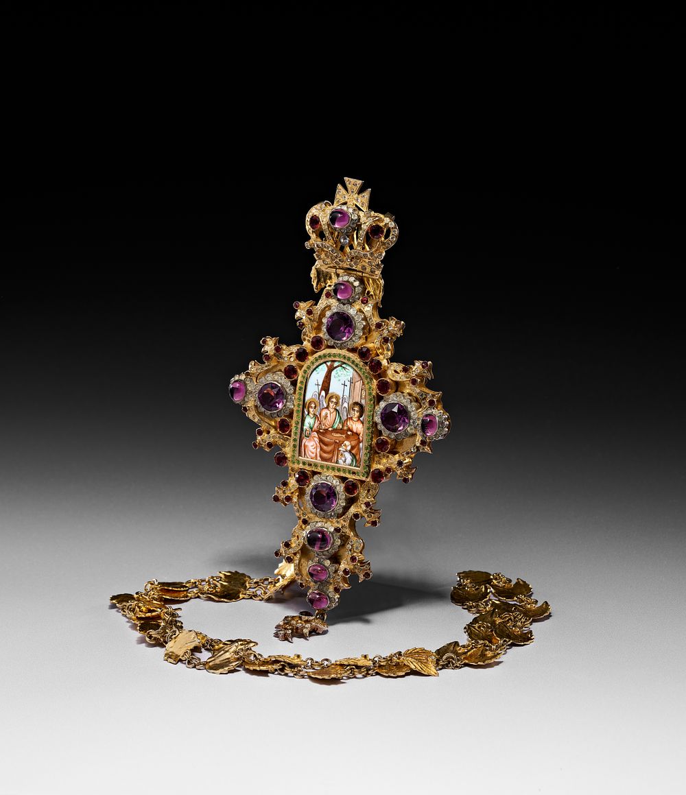 Lot 354: A SILVER-GILT AND ENAMEL PECTORAL CROSS NECKLACE, ELIAS D. EVAGELIDIS