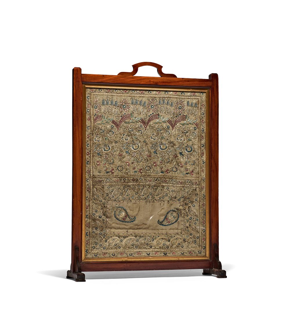Lot 299: A MAHOGANY FIRE SCREEN WITH INSET PERSIAN SILK EMBROIDERY PANEL, 19TH CENTURY