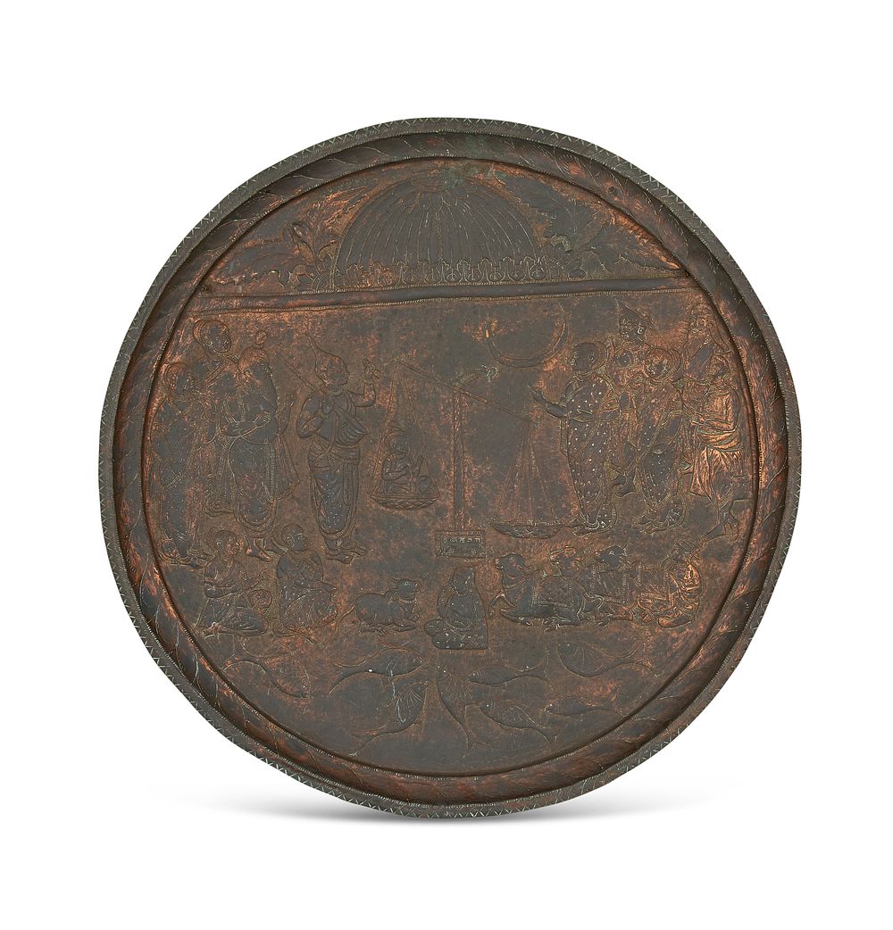 Lot 310: A SOUTH INDIAN ENGRAVED BRONZE RITUAL TRAY DEPICTING KRISHNA SCENE, 19TH CENTURY