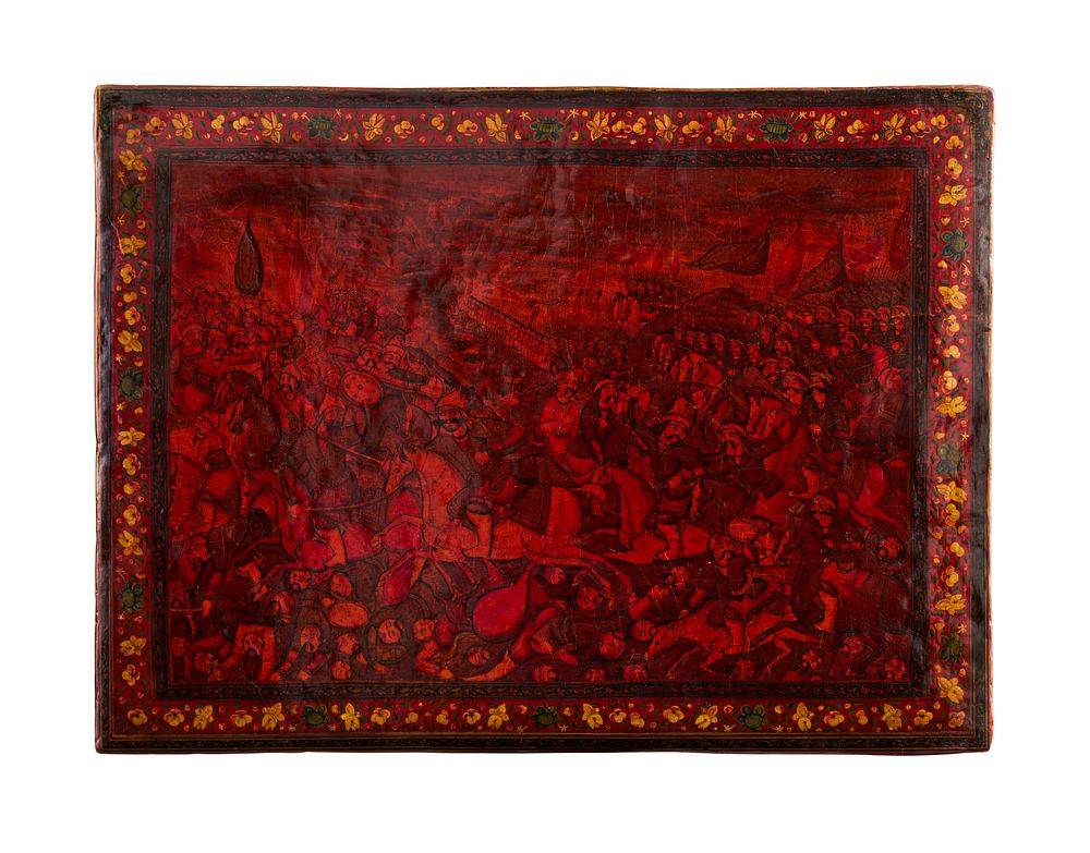 Lot 314: A LARGE LACQUERED PAPIER MACHE PANEL, QAJAR PERSIA, 19TH CENTURY