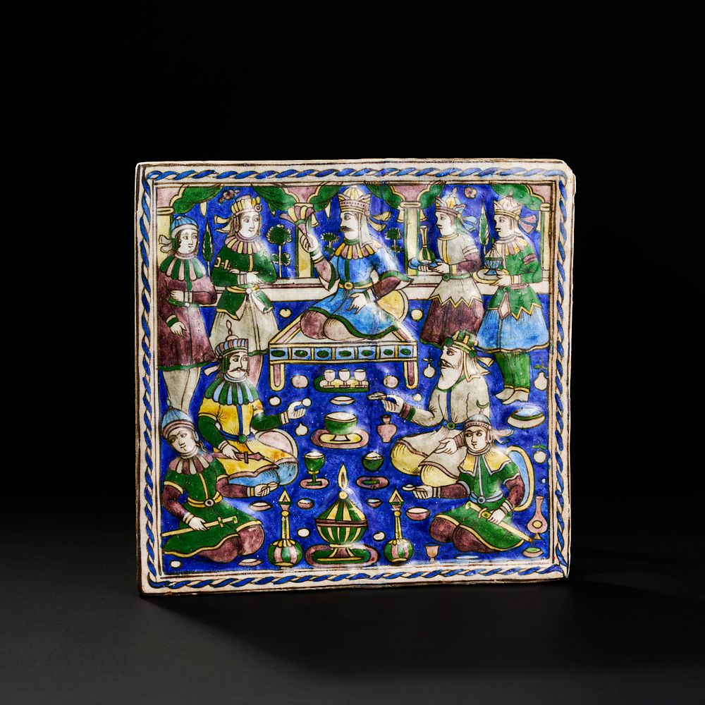 Lot 105: A QAJAR POTTERY TILE DEPICTING A COURT SCENE, PERSIA, 19TH CENTURY