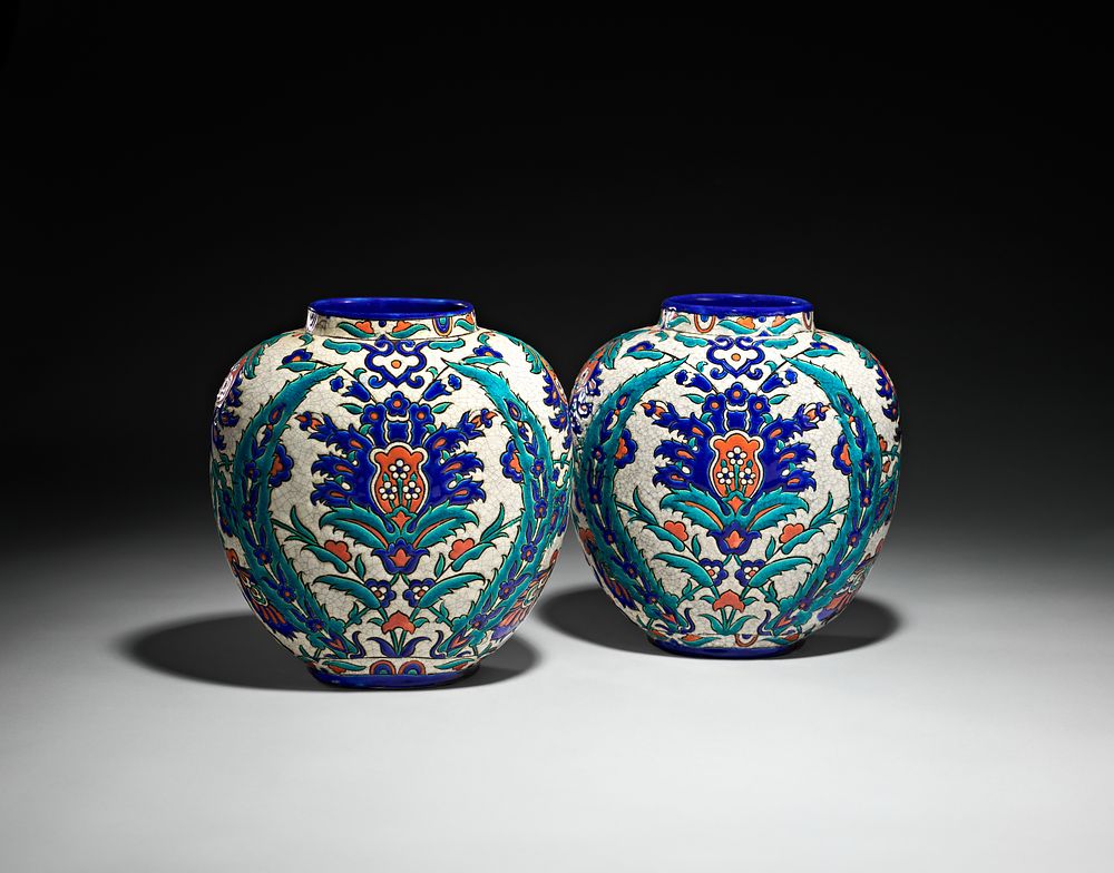 Lot 324: A PAIR OF LAROCHE BELGIAN IZNIK-STYLE CERAMIC JARS, 20TH CENTURY