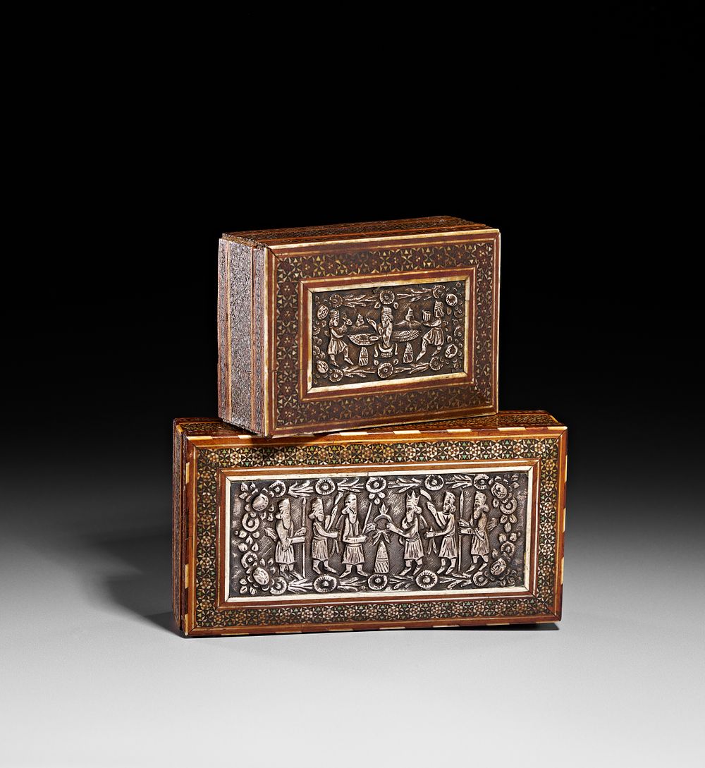 Lot 193: A PAIR OF PARSI SADELI-WARE BOXES WITH SILVER TOPS, INDIA, 19TH CENTURY