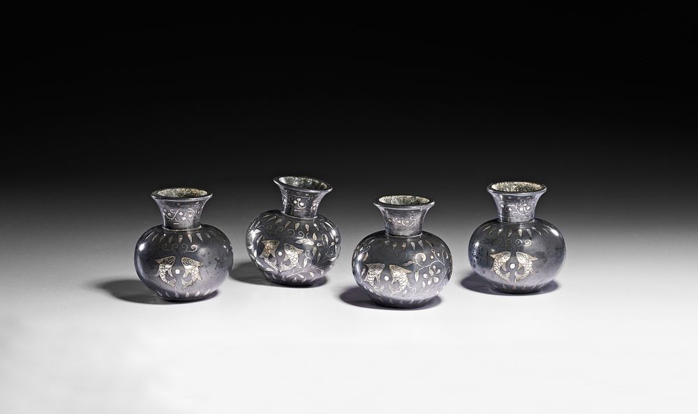 Lot 339: A GROUP OF INDIAN BIDRIWARE SILVER INLAID SMALL VASES, 19TH CENTURY