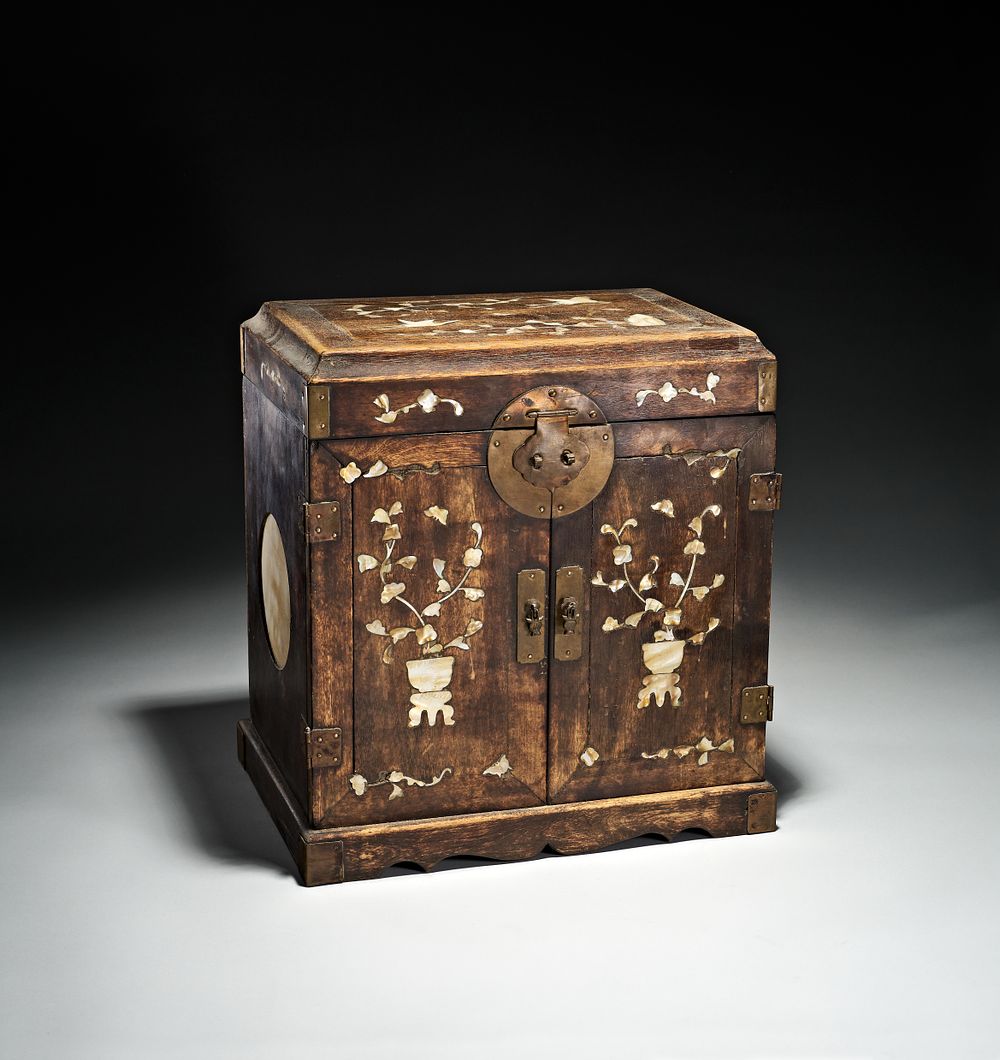 Lot 364: A CHINESE HUANGHUALI WOOD INLAID SHELL FLOWER AND BIRD STORAGE CHEST
