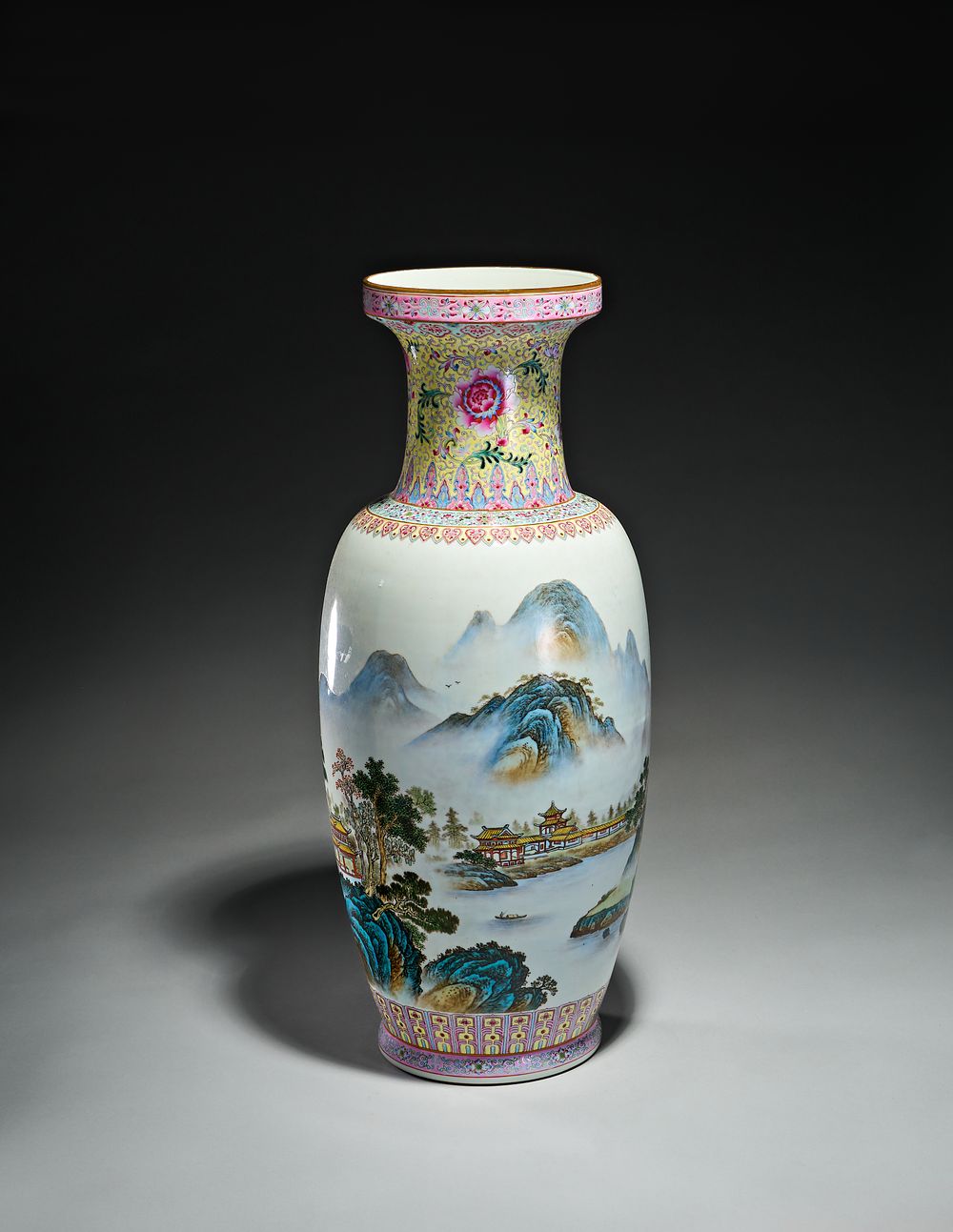 Lot 365: A CHINESE FAMILLE ROSE PORCELAIN LANDSCAPE VASE