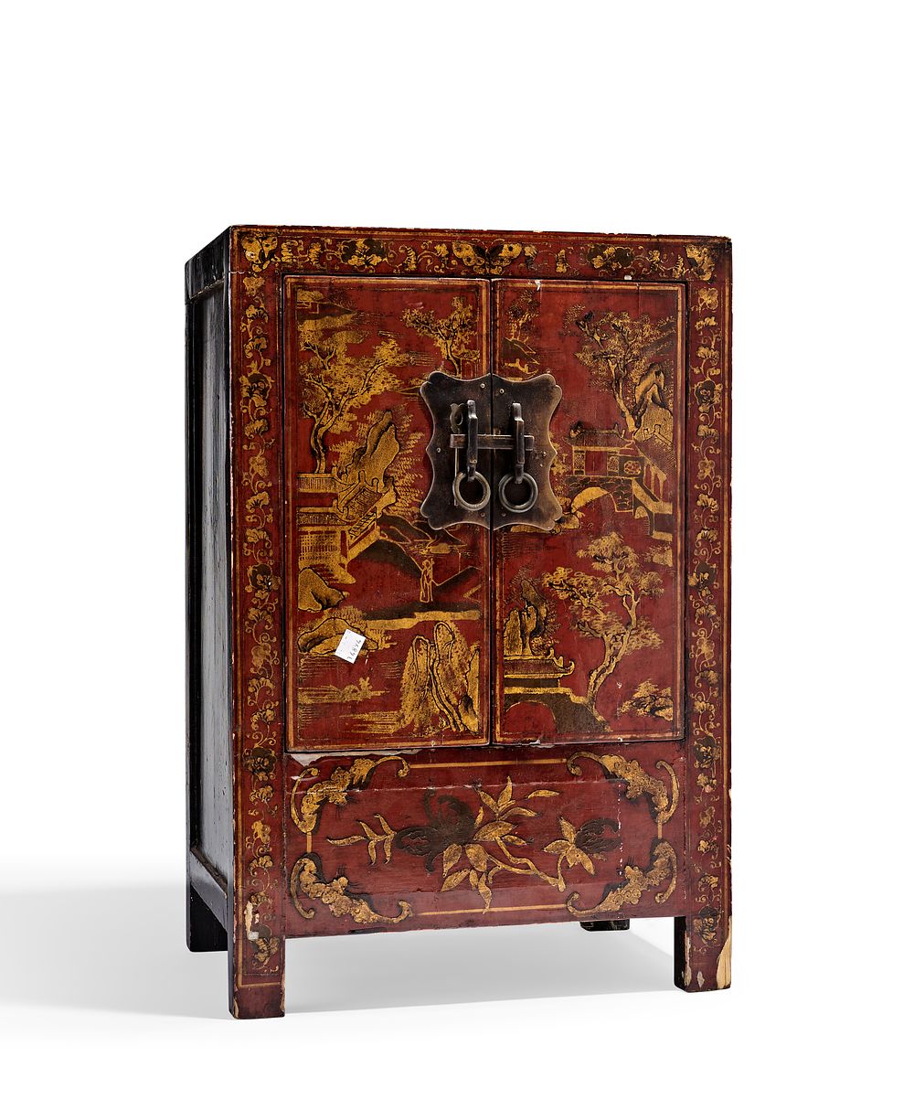 Lot 366: A CHINESE RED LACQUER AND GILT PAINTED CABINET