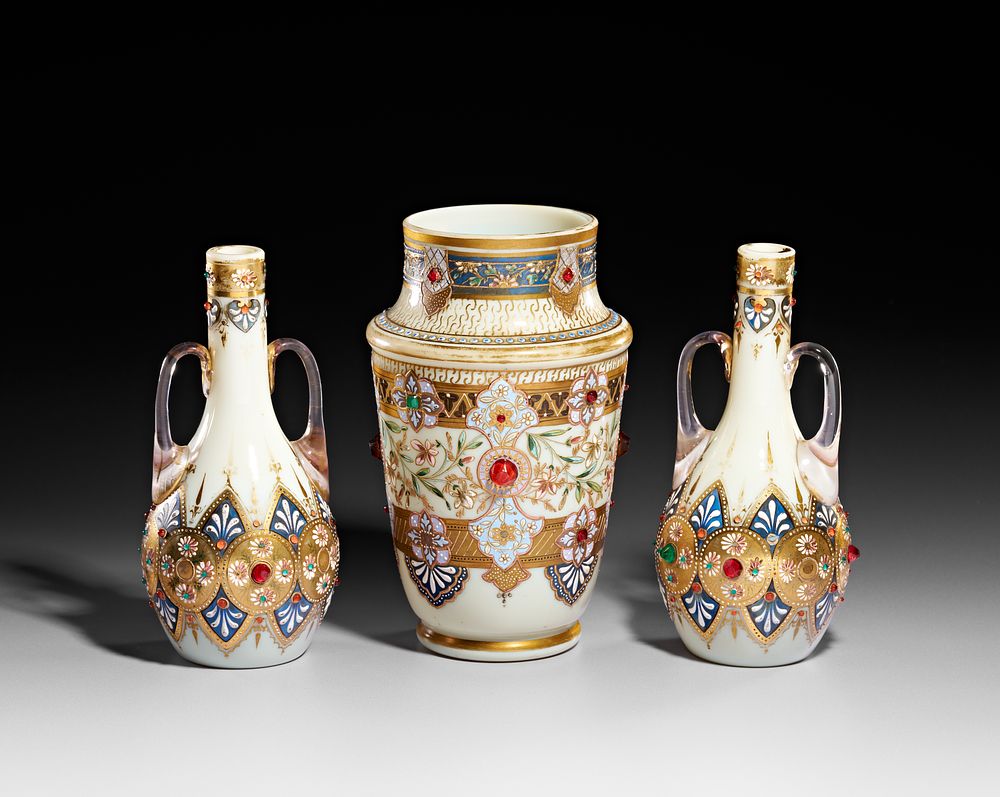 Lot 368: A SET OF THREE JEWELED BOHEMIAN OPALINE VASES, 19TH CENTURY