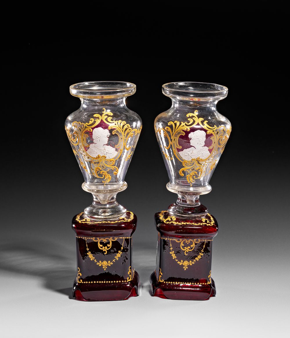 Lot 369: A PAIR BOHEMIAN CLEAR AND RED RUBY GLASS VASES, 19TH CENTURY