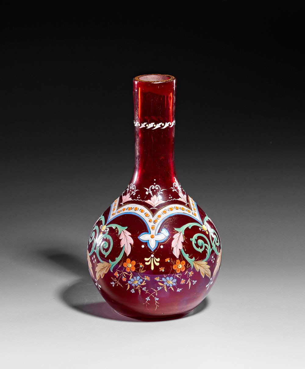 Lot 371: A BOHEMIAN ENAMELED AND GILDED RUBY GLASS VASE, LATE 19TH - EARLY 20TH CENTURY
