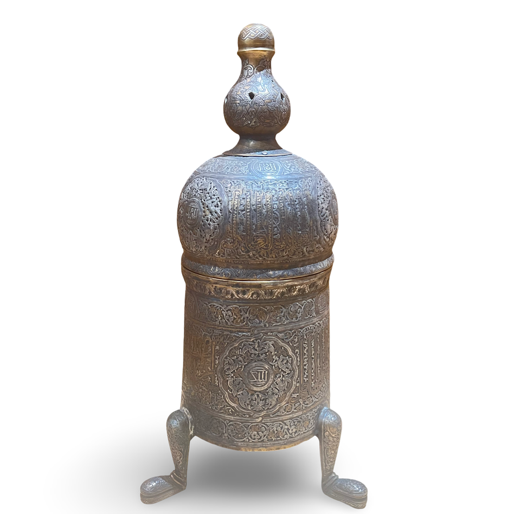 Lot 230: A LARGE MAMLUK REVIVAL SILVER INLAID MIXED METAL INCENSE BURNER, 20TH CENTURY