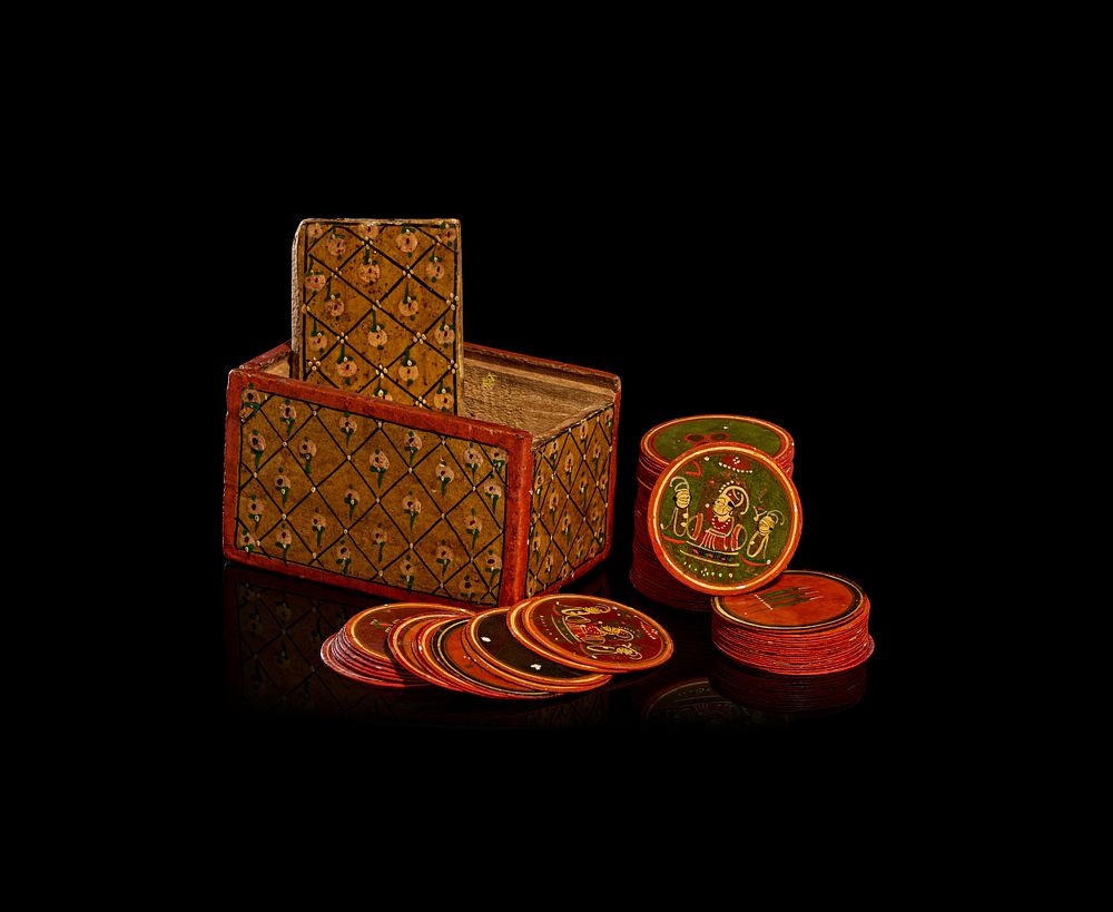 Lot 274: A SET OF INDIAN GANJIFA PLAYING CARDS AND STORAGE BOX, 19TH CENTURY