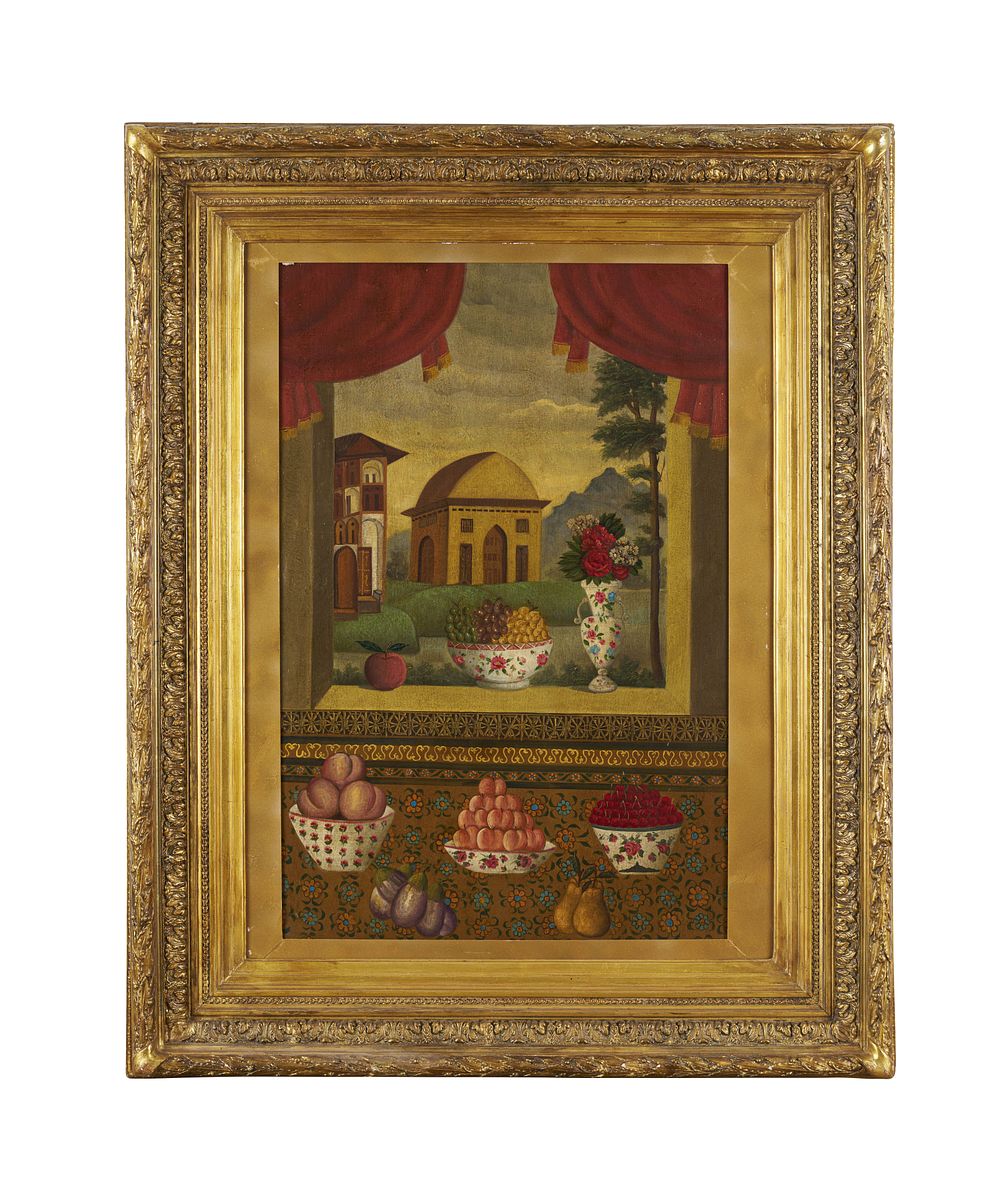 Lot 199: AN OIL ON CANVAS NOUROUZ STILL LIFE, PERSIA, QAJAR, 19TH CENTURY