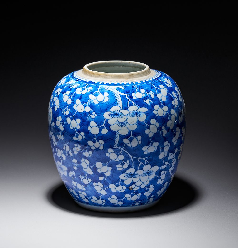 Lot 241: A CHINESE BLUE AND WHITE PRUNUS AND CRACKED ICE PORCELAIN JAR