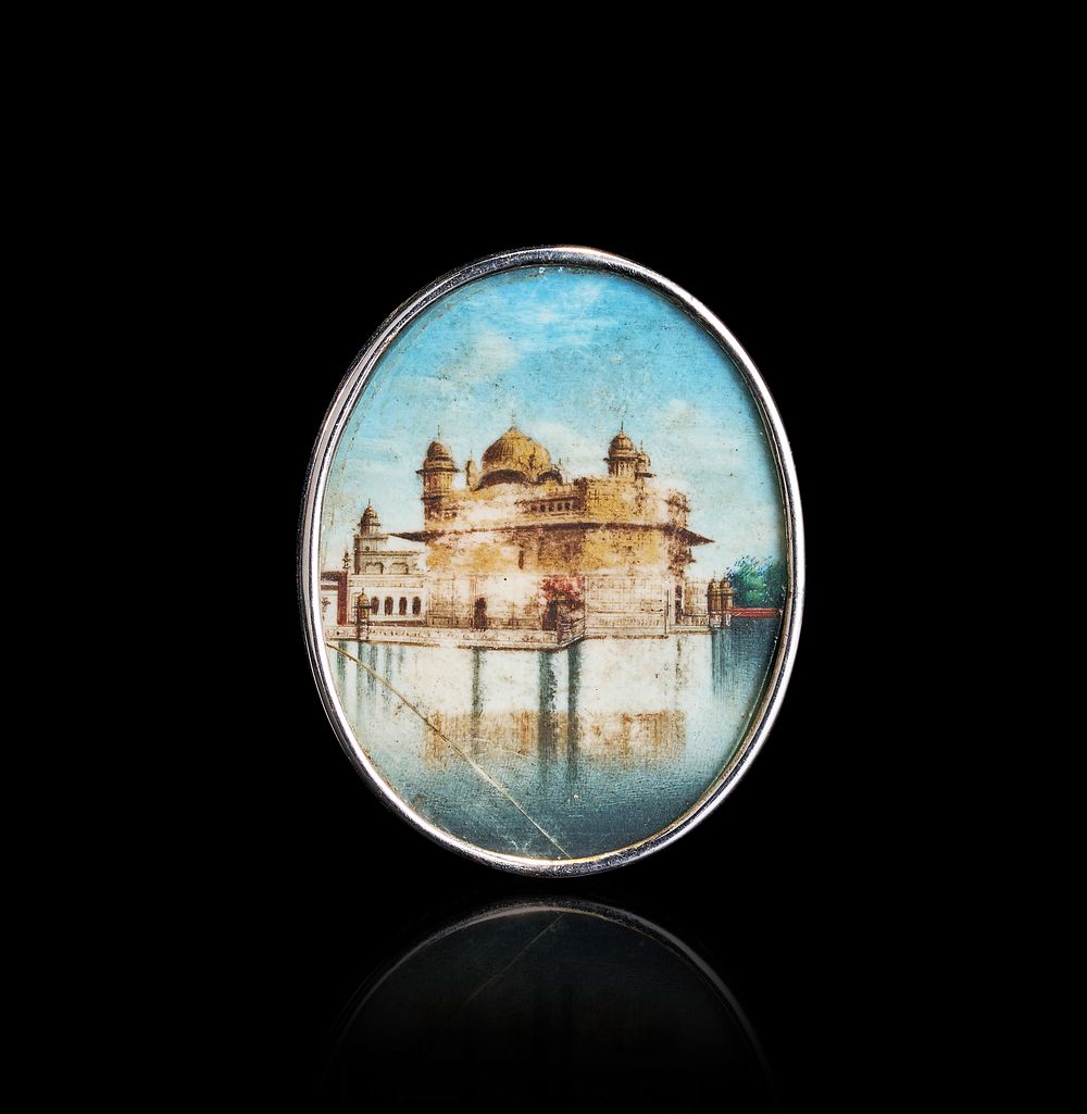 Lot 158: A SIKH SCHOOL MINIATURE PAINTING OF THE GOLDEN TEMPLE IN STERLING SILVER FRAME, 19TH CENTURY