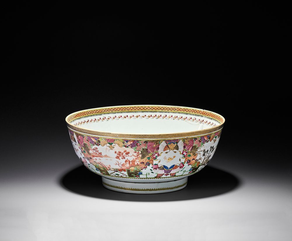 Lot 245: A CHINESE EXPORT LARGE FAMILLE ROSE MANDARIN PALETTE PUNCH BOWL, QIANLONG PERIOD, CIRCA 1775