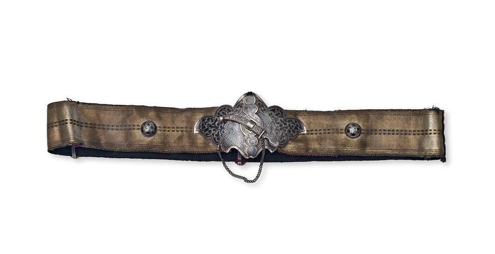 Lot 163: A NIELLO SILVER AND METALLIC THREAD BELT, OTTOMAN CAUCASIAN, 19TH CENTURY