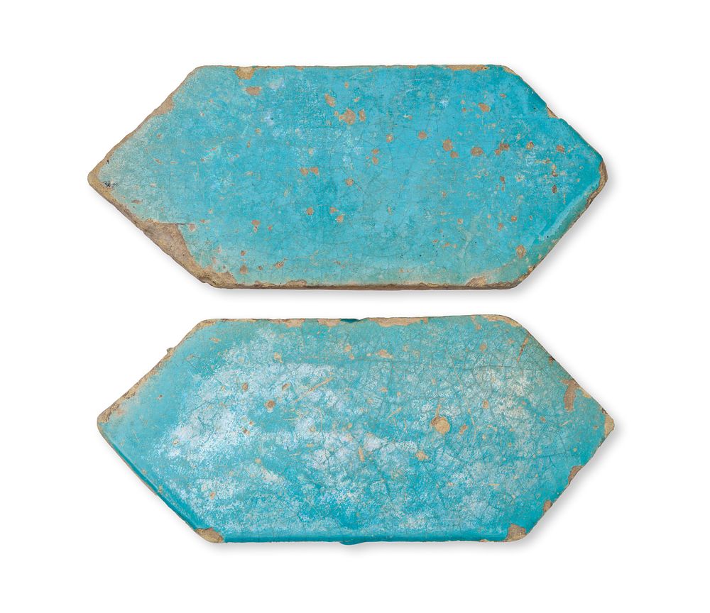 Lot 165: A PAIR OF KASAHN TURQUOISE GLAZED ELONGATED HEXAGONAL TILES, PERSIA,  12TH - 13TH CENTURY