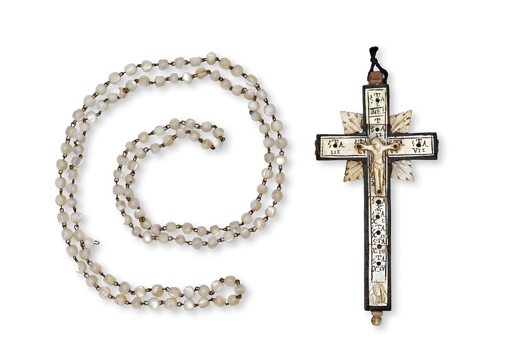 Lot 172: A PALESTINIAN MOTHER-OF-PEARL AND OLIVE WOOD STATIONS OF THE CROSS ROSARY, BETHLEHEM, 19TH CENTURY