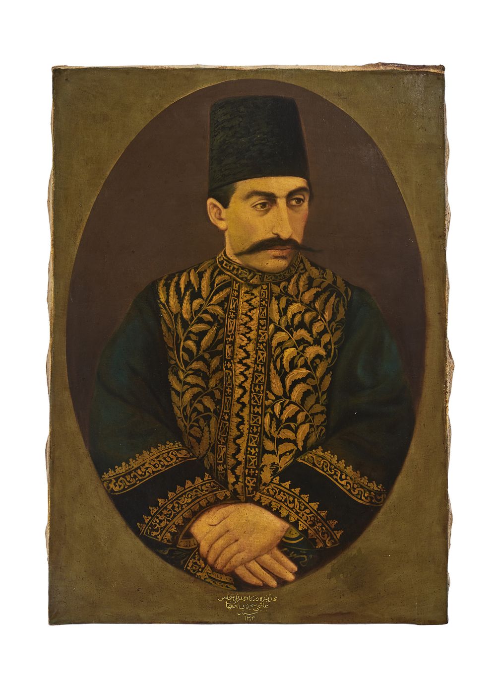 Lot 189: OIL ON CANVAS DEPICTS MUZAFFAR AL DIN SHAH QAJAR, SIGNED MUHAMMAD BAQIR SAMIRUMI, DATED 1303 AH - 1885–1886 AD