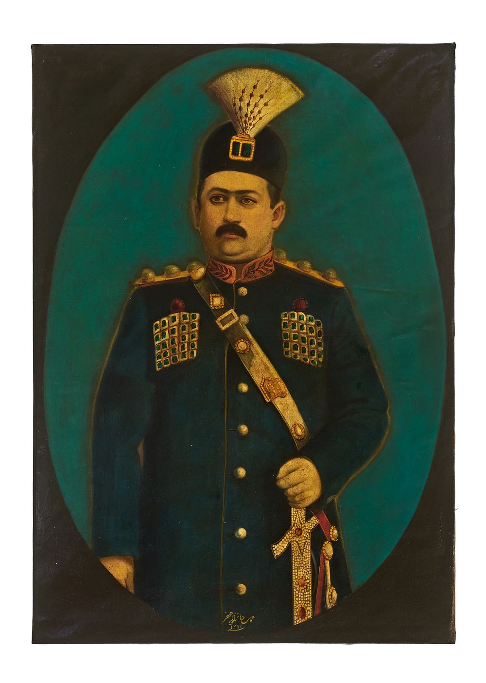 Lot 190: A LARGE OIL ON CANVAS DEPICTS MUHAMMAD ALI SHAH QAJAR, SIGNED JAFAR, DATED 1292 AH (1875)