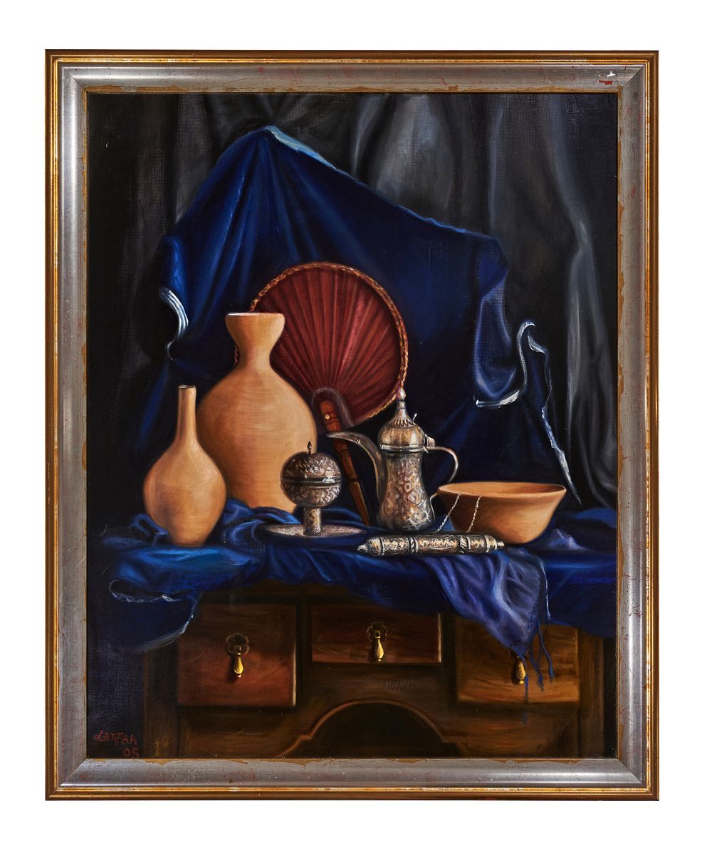 Lot 203: OIL ON CANVAS PAINTING DEPICTS STILL LIFE WITH MIDDLE EASTERN OBJECTS, SIGNED LATIFAH AND DATED 2005