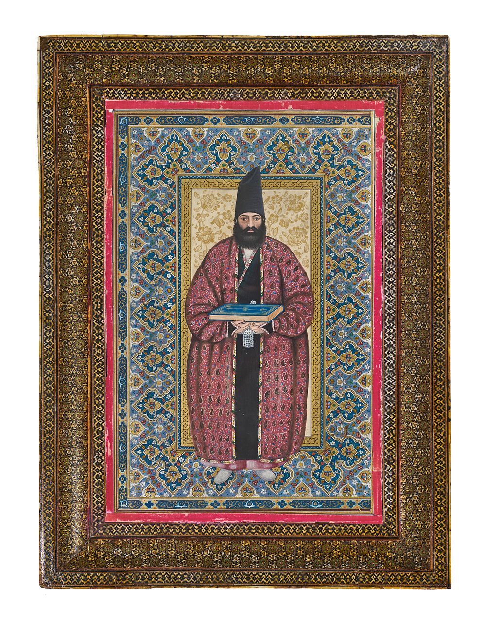 Lot 192: A QAJAR LACQUER AND KHATAM-KARI DOUBLE SIDED PANEL FEATURING A COURTLY PORTRAIT, 19TH CENTURY