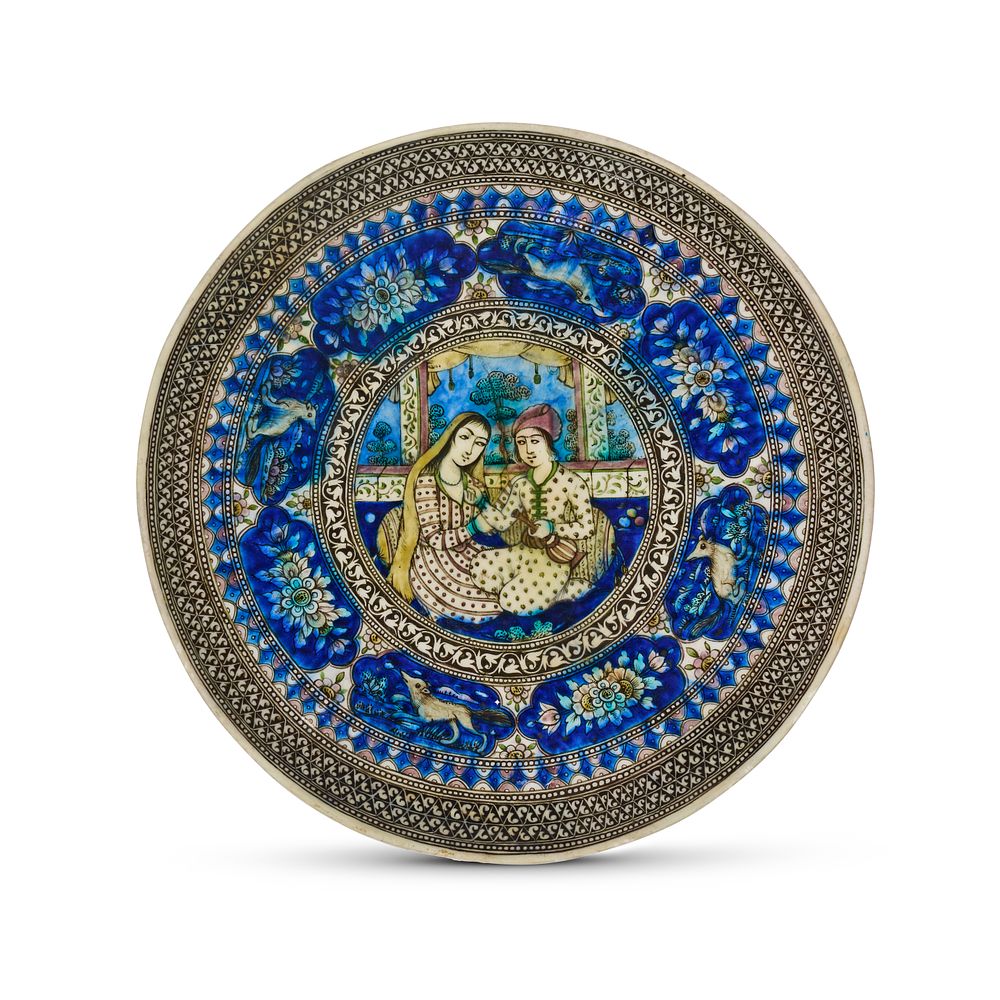 Lot 206: A LARGE QAJAR POLYCHROME POTTERY CHARGER, PERSIA, 19TH CENTURY