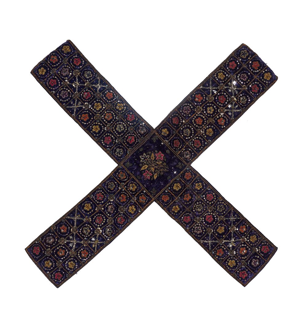 Lot 274: A CHAUPAR (OR CHAUPAD) GAME BOARD EMBROIDERED PURPLE SILK VELVET X-SHAPED TEXTILE WITH METALLIC THREAD WORK, INDIA, 19TH CENTURY