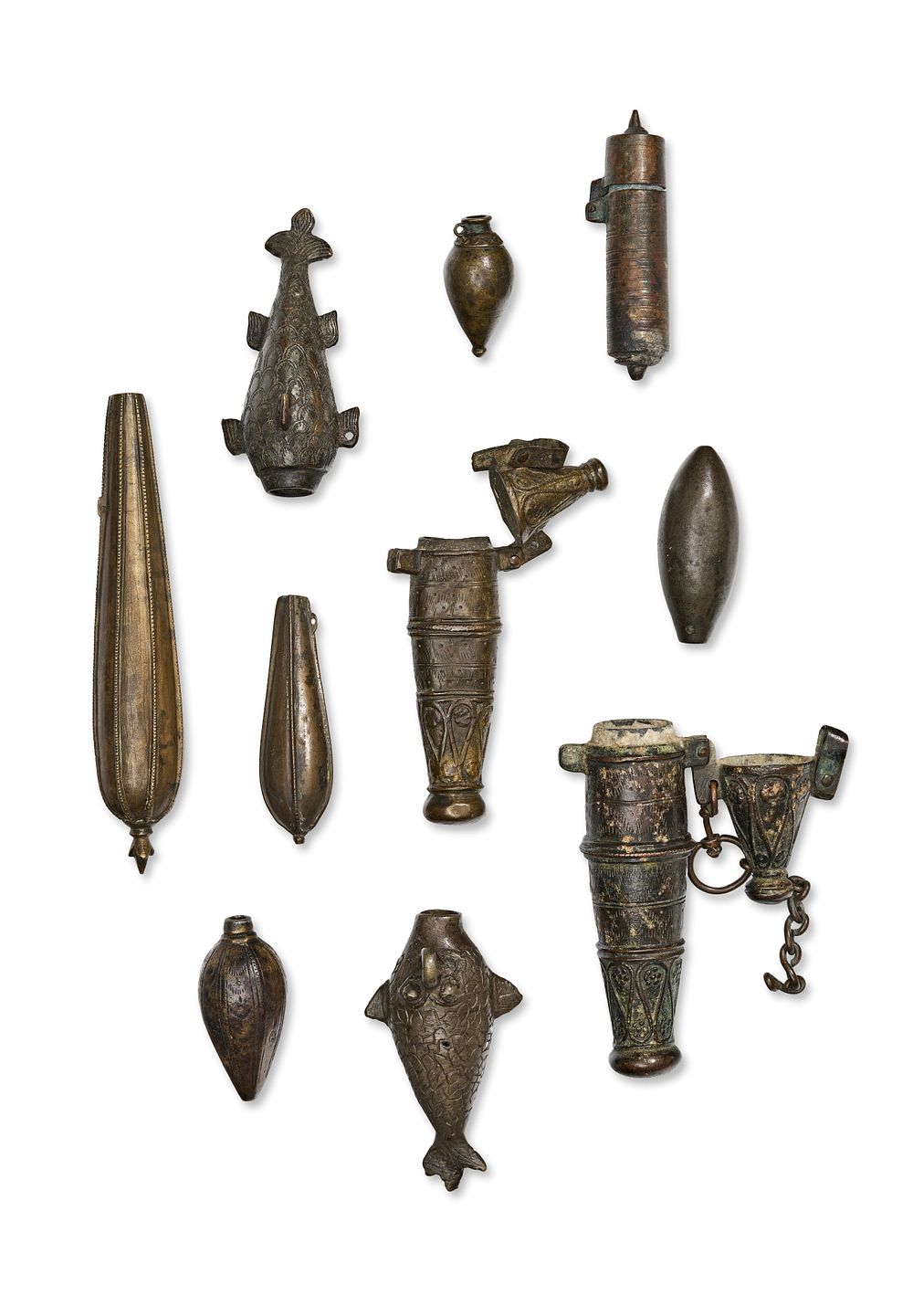 Lot 218: A GROUP OF TEN DECCANI CAST BRONZE AND BRASS POISON BOTTLES, INDIA, 17TH - 18TH CENTURY