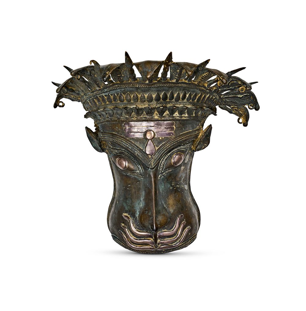 Lot 219: A LARGE SILVER INLAID BRONZE RITUAL MASK OF SHIVA, SOUTH INDIAN, 18TH CENTURY