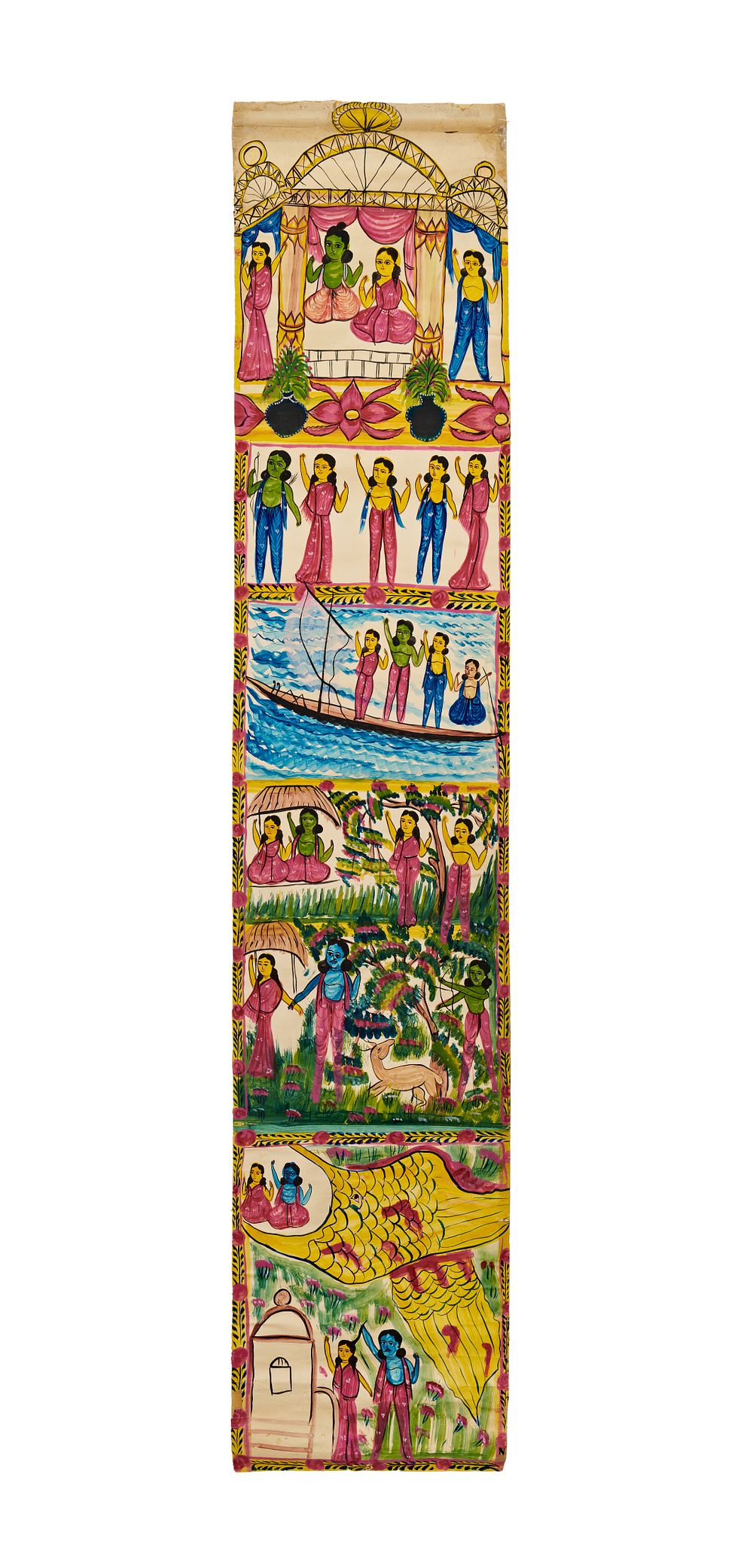 Lot 200: A KALIGHAT SCHOOL LIFE OF KRISHNA NARRATIVE SCROLL PAINTING, CIRCA 1860 - 1920