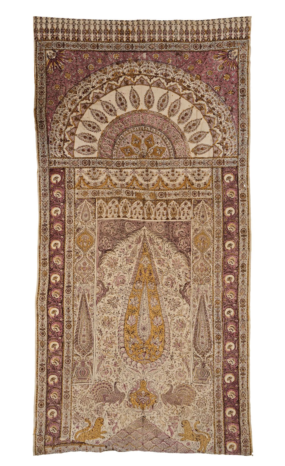 Lot 276: A LARGE PERSIAN QALAMKARI BLOCK-PRINTED COTTON TEXTILE WALL HANGING, QAJAR, DATED AH 1333