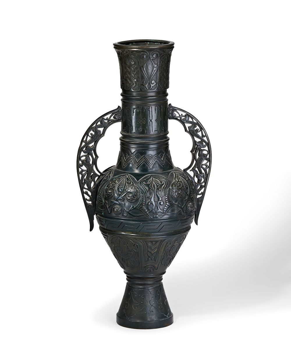 Lot 220: A LARGE PATINATED BRONZE HISPANO MORESQUE ALHAMBRA STYLE TWO HANDLED VASE, PROBABLY SPAIN, LATE 19TH CENTURY
