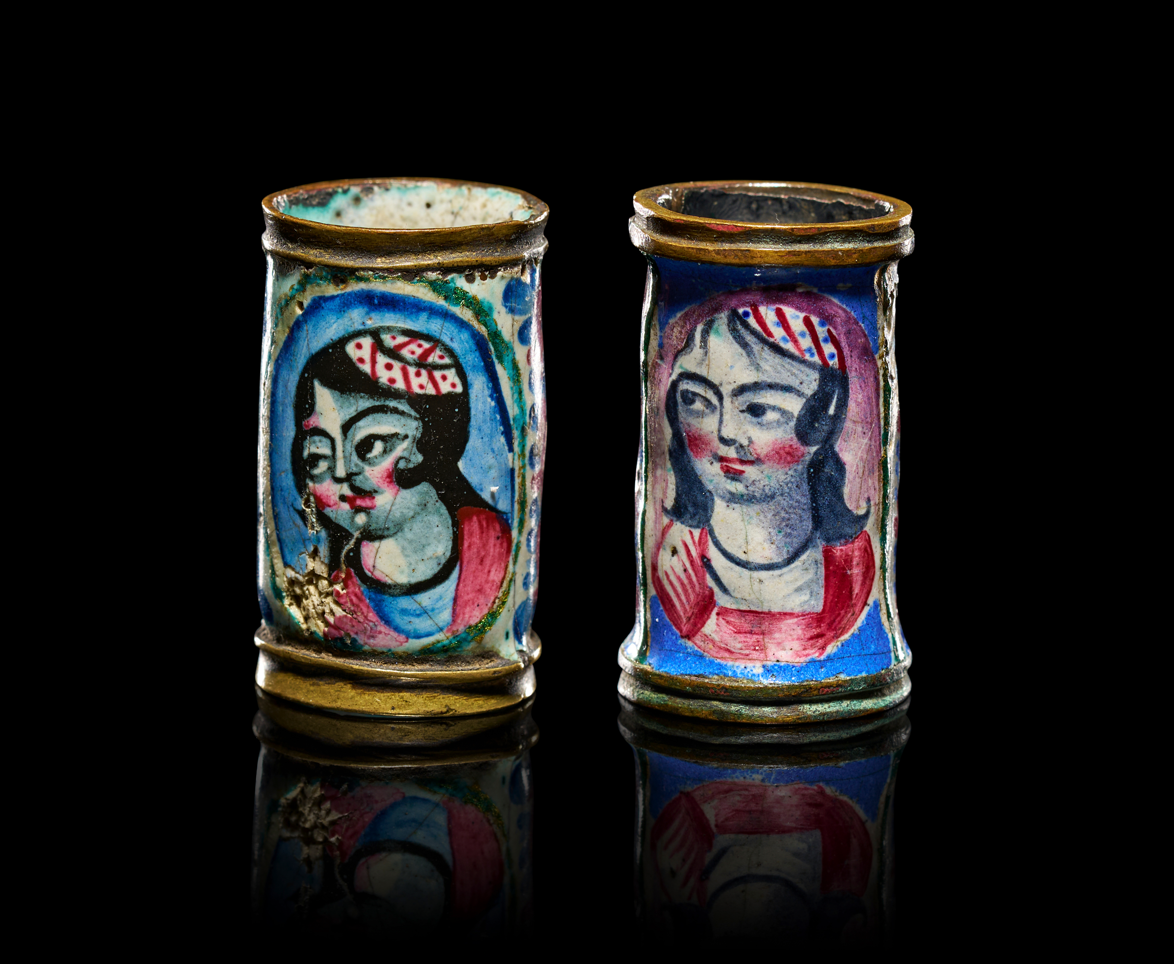 TWO QAJAR POLYCHROME ENAMELLED COPPER QALYAN PIPE ELEMENT, IRAN, 19TH CENTURY