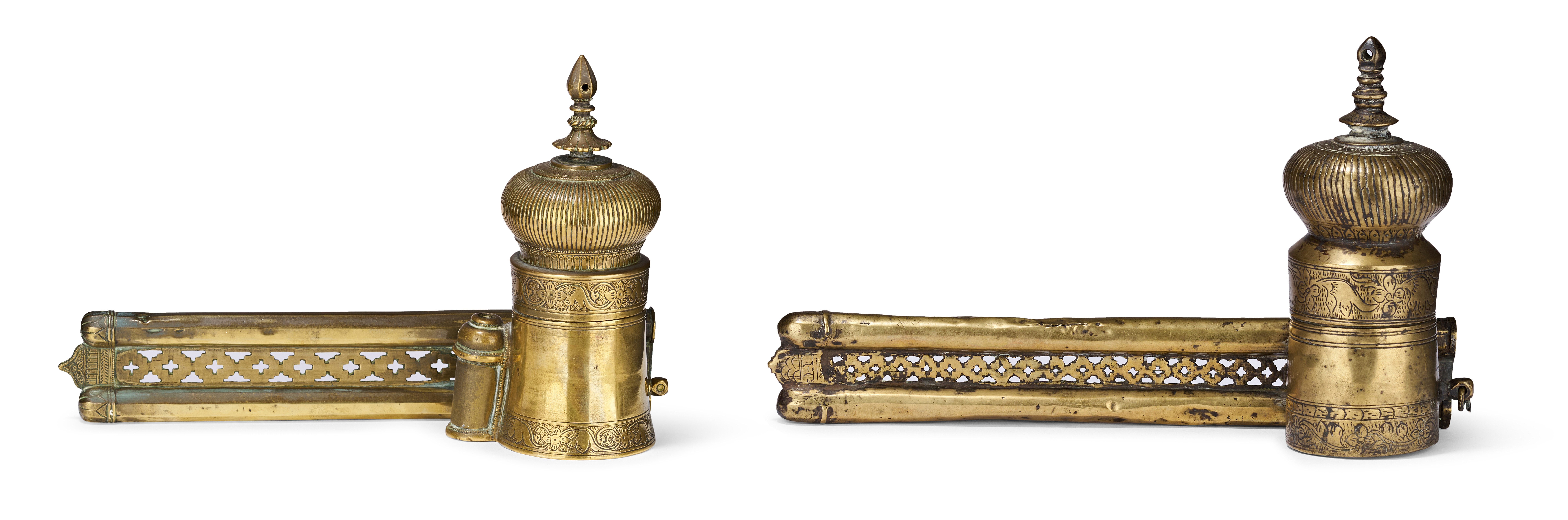 TWO INDIAN DECCANI BRASS DIVIT PEN CASE AND INKWELL, 19TH CENTURY