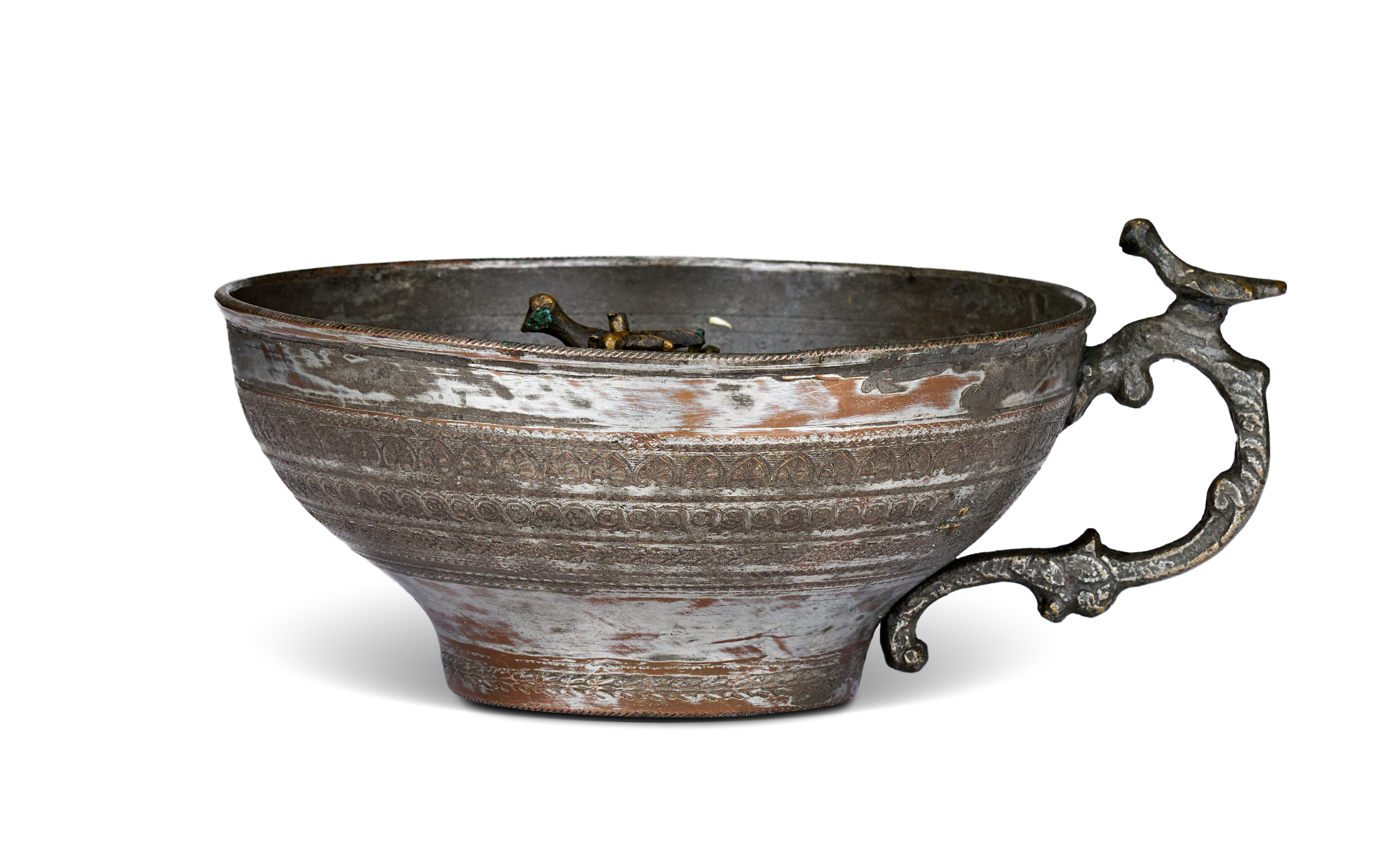 AN OTTOMAN TINNED COPPER AND BRONZE HANDLED FISH CUP, 19TH CENTURY