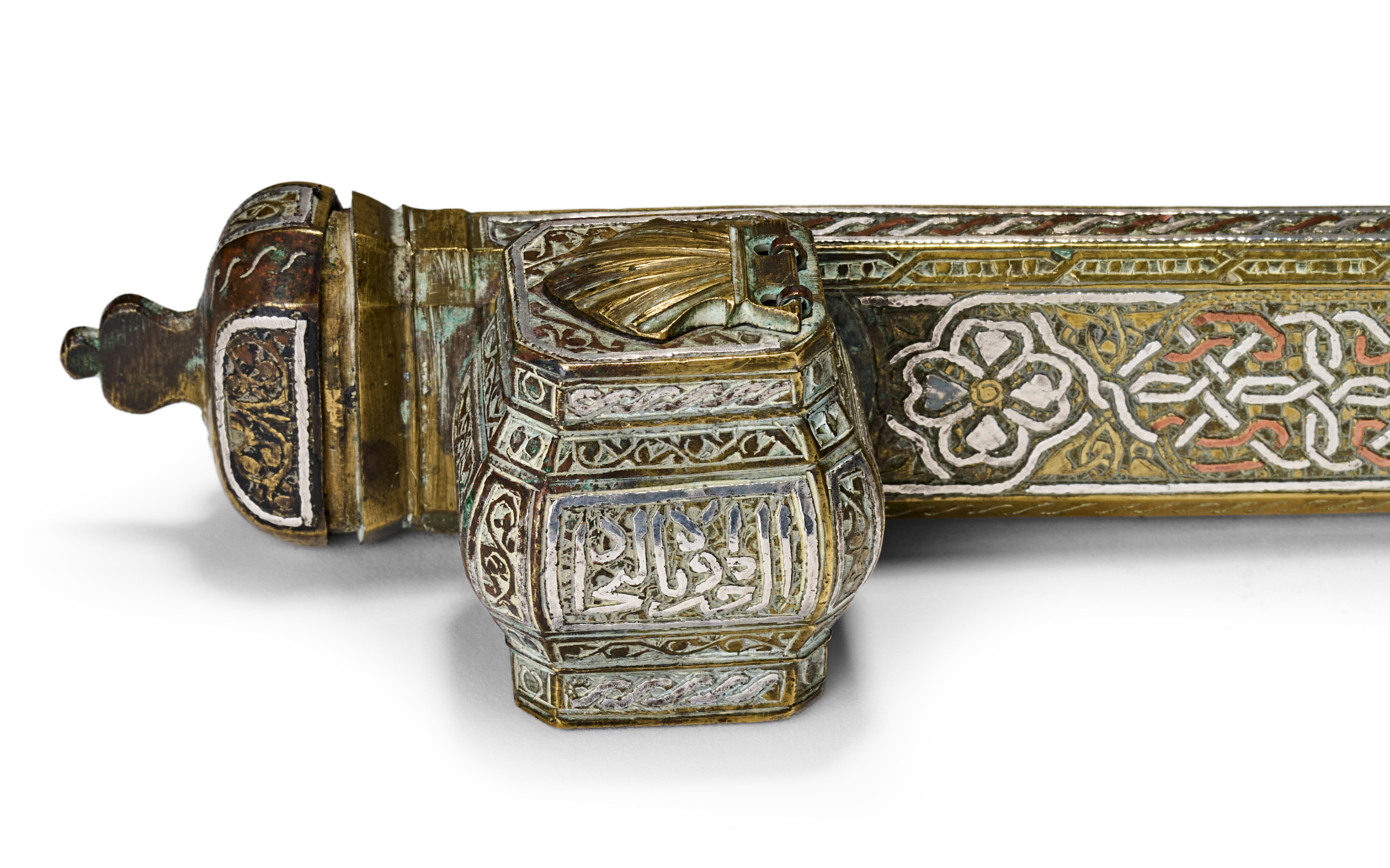 A MAMLUK REVIVAL SILVER AND COPPER INLAID BRASS PORTABLE PEN CASE AND INKWELL, 20TH CENTURY