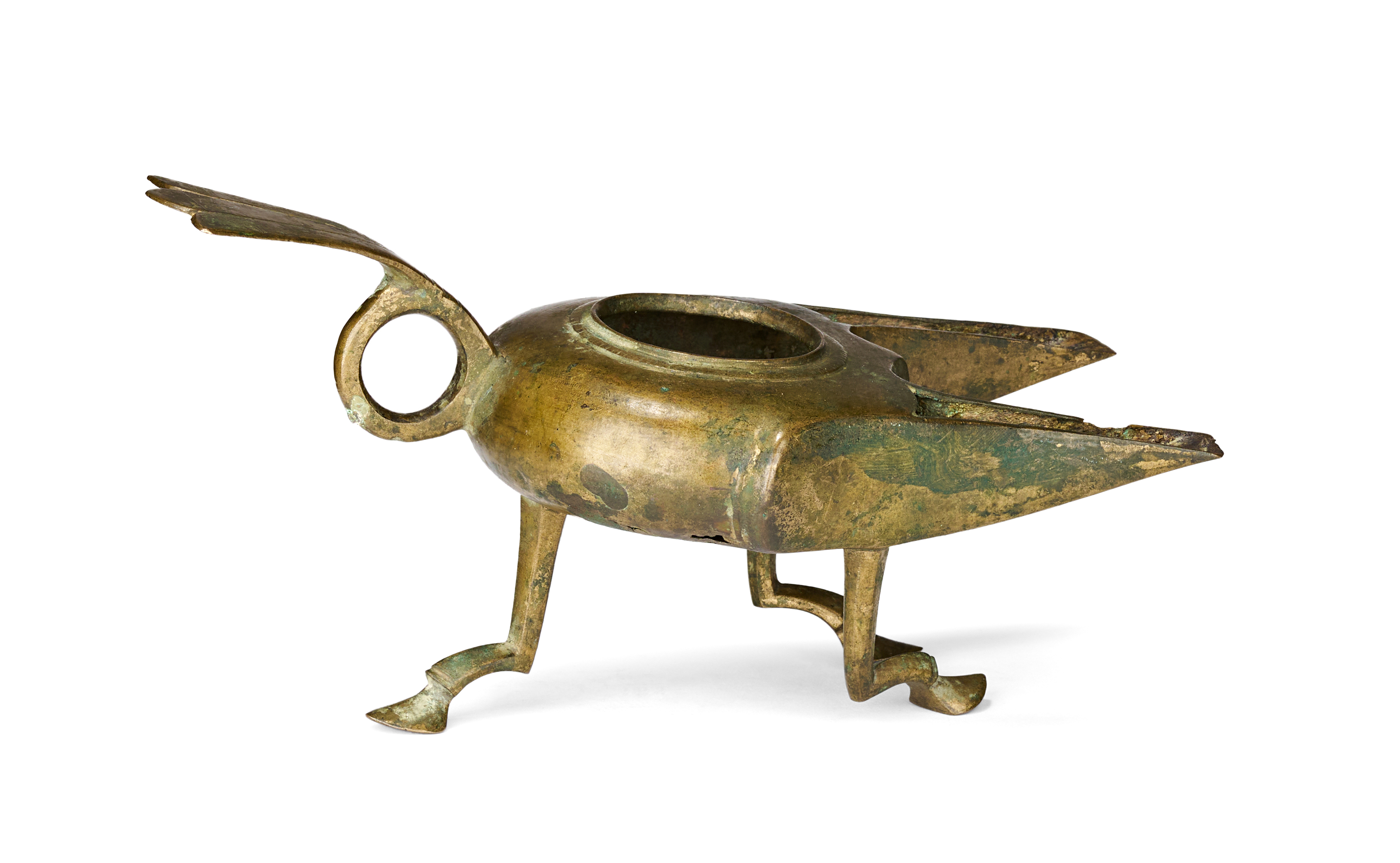 A BRONZE ALMOHAD DOUBLE SPOUTE OIL LAMP, SPAIN AL ANDALUS, 12TH CENTURY