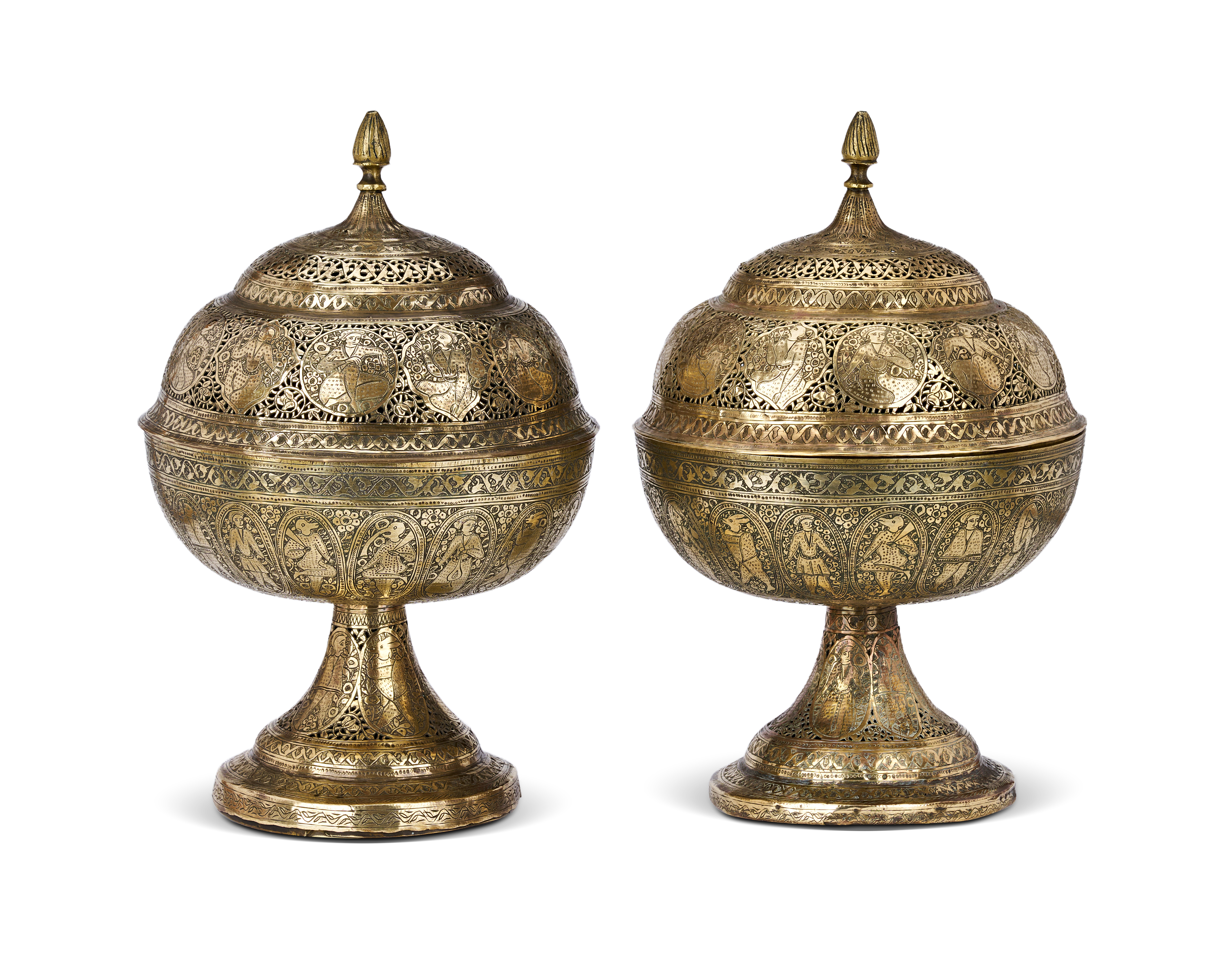 A PAIR OF PERSIAN PIERCED BRASS INCENSE BURNERS, QAJAR, 19TH CENTURY