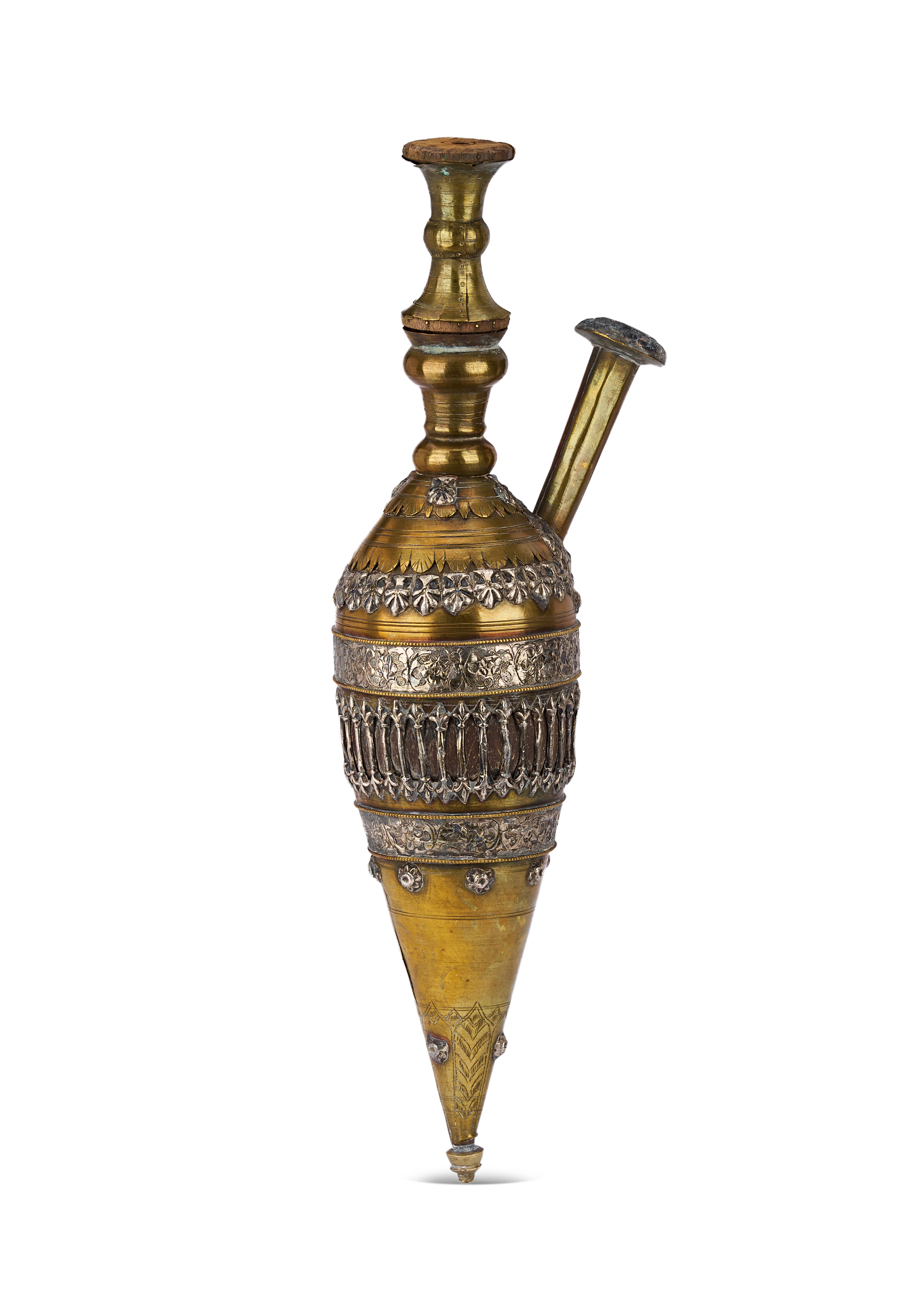 A PERSIAN QAJAR MIXED METAL AND QALYAN WATER PIPE BASE, 19TH CENTURY