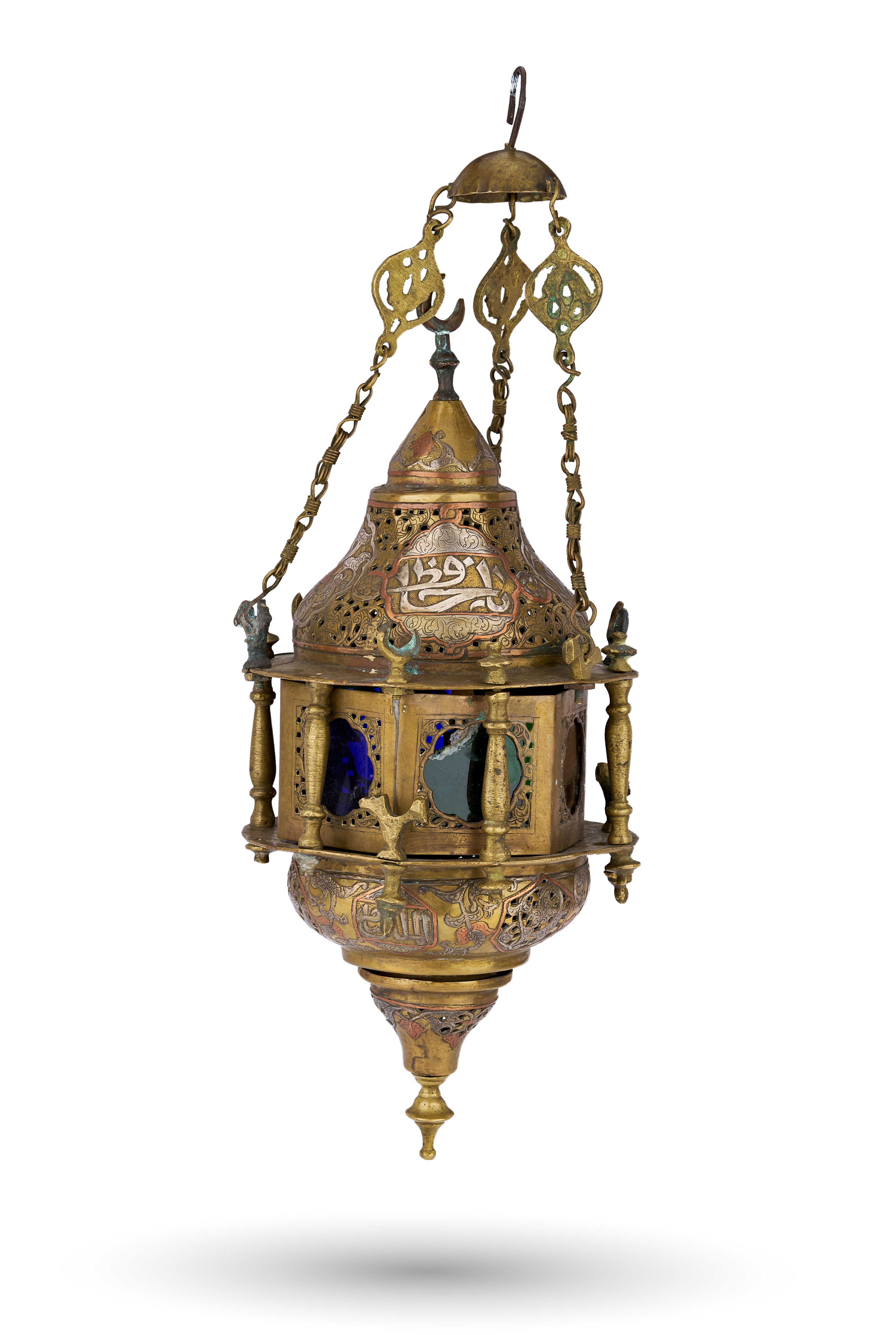A MAMLUK REVIVAL SILVER AND COPPER INLAID BRASS HANGING LANTERN, CIRCA 1900