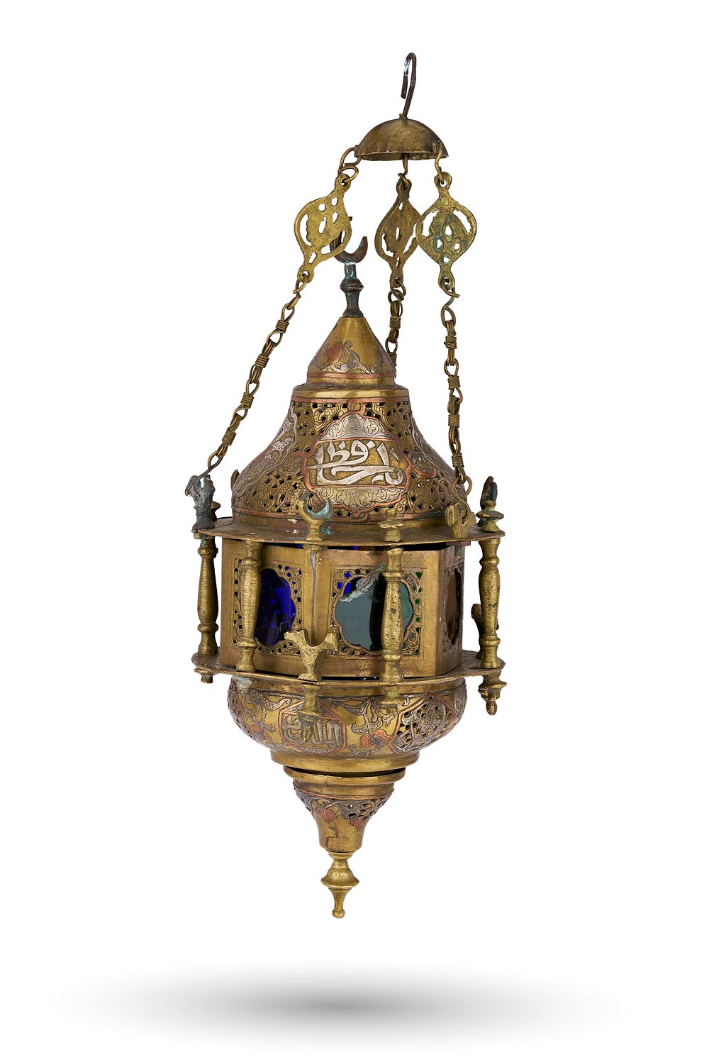 Lot 259: A MAMLUK REVIVAL SILVER AND COPPER INLAID BRASS HANGING LANTERN, CIRCA 1900