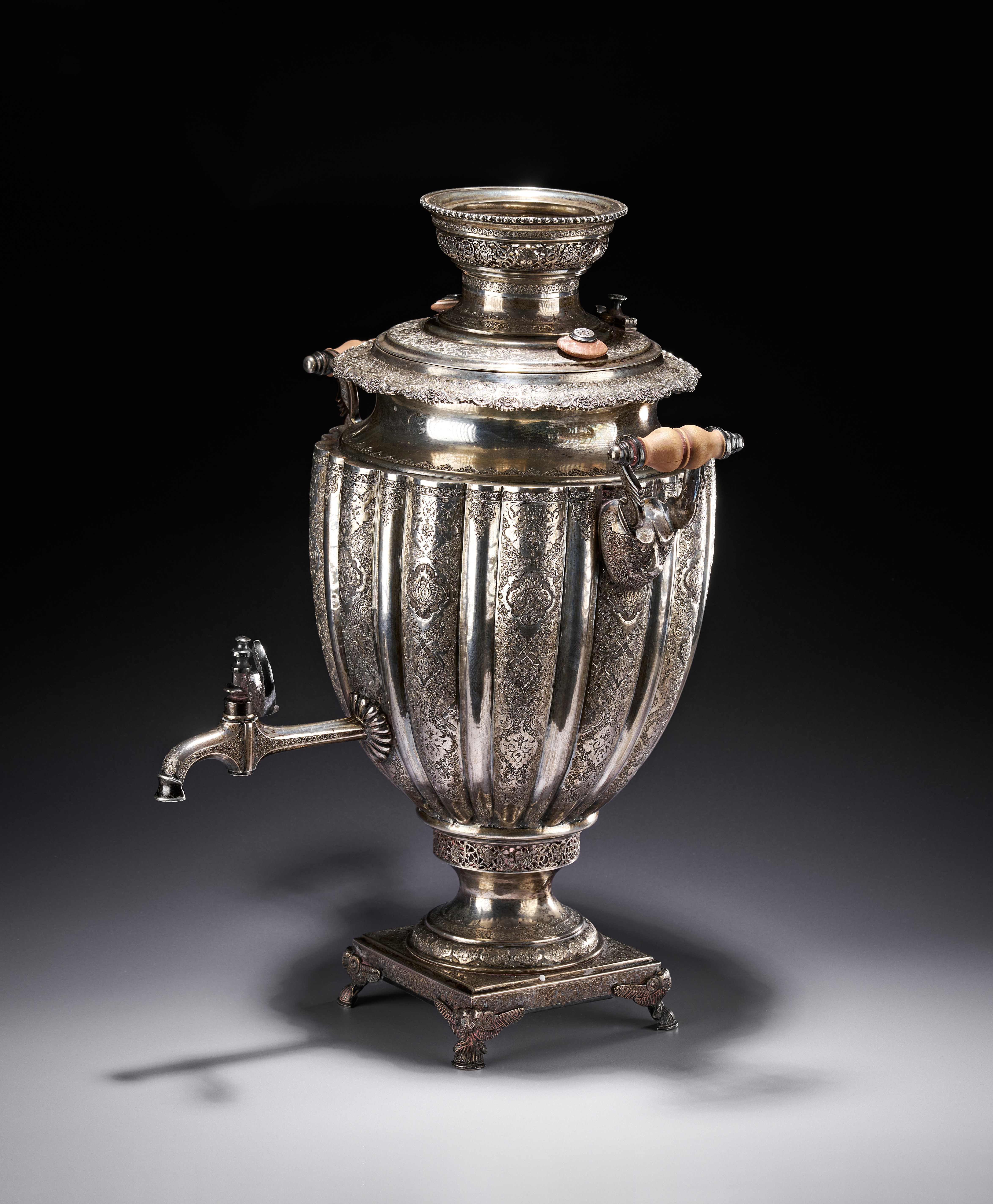 A LARGE PERSIAN SILVER SAMOVAR OF FLUTED VASE FORM, 20TH CENTURY