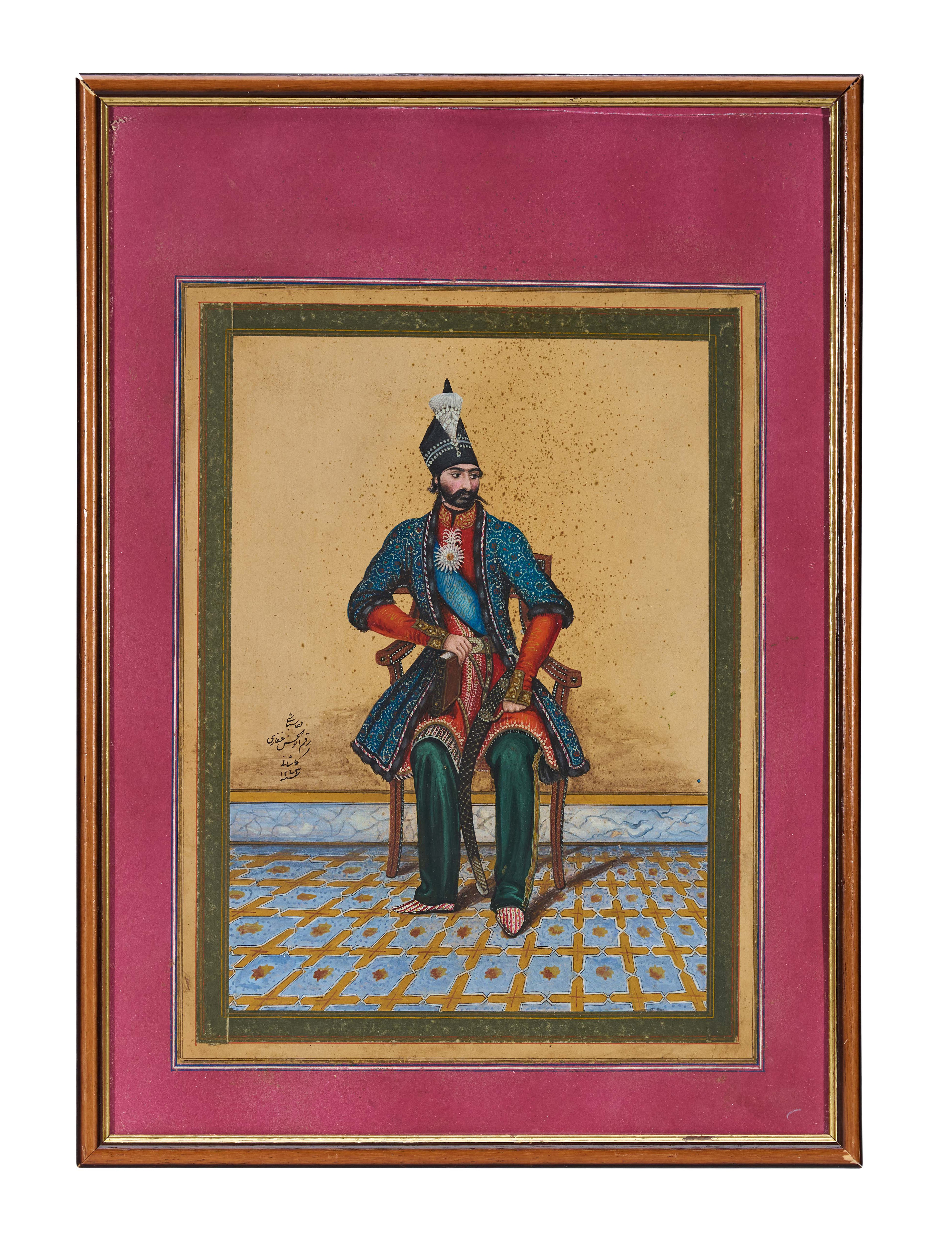 A PERSIAN QAJAR PORTRAIT MINIATURE OF NASIR AL-DIN SHAH, SIGNED ABUL-HASSAN GHAFFARI KASHANI, DATED 1243 A.H