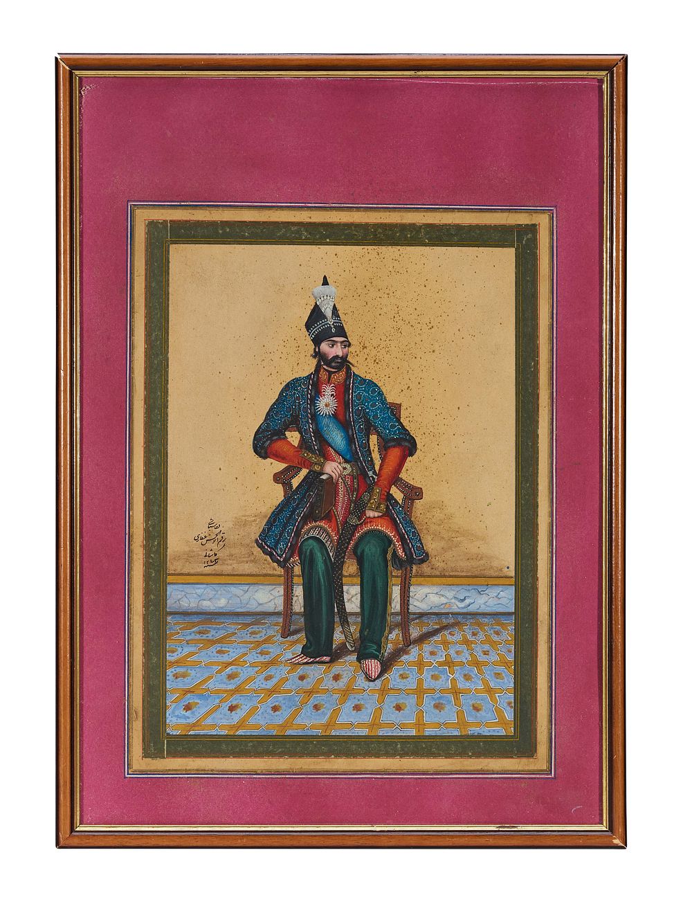 Lot 273: A PERSIAN QAJAR PORTRAIT MINIATURE OF NASIR AL-DIN SHAH, SIGNED ABUL-HASSAN GHAFFARI KASHANI, DATED 1243 A.H