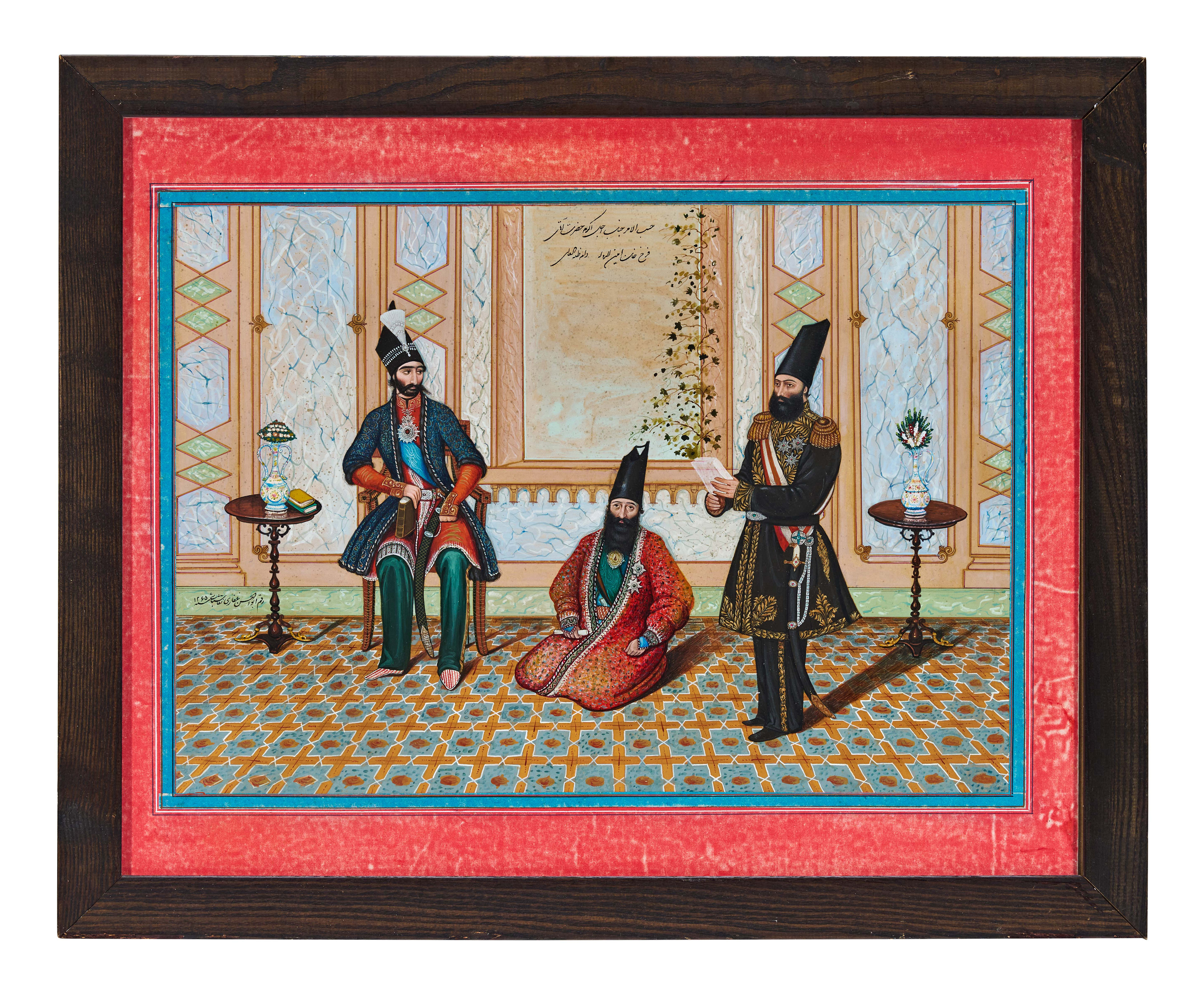 A PERSIAN QAJAR MINIATURE PAINTING OF NASIR AL-DIN SHAH AND FARRUKH KHAN BY ABU L-HASAN GHAFFARI, DATED 1265 A.H.