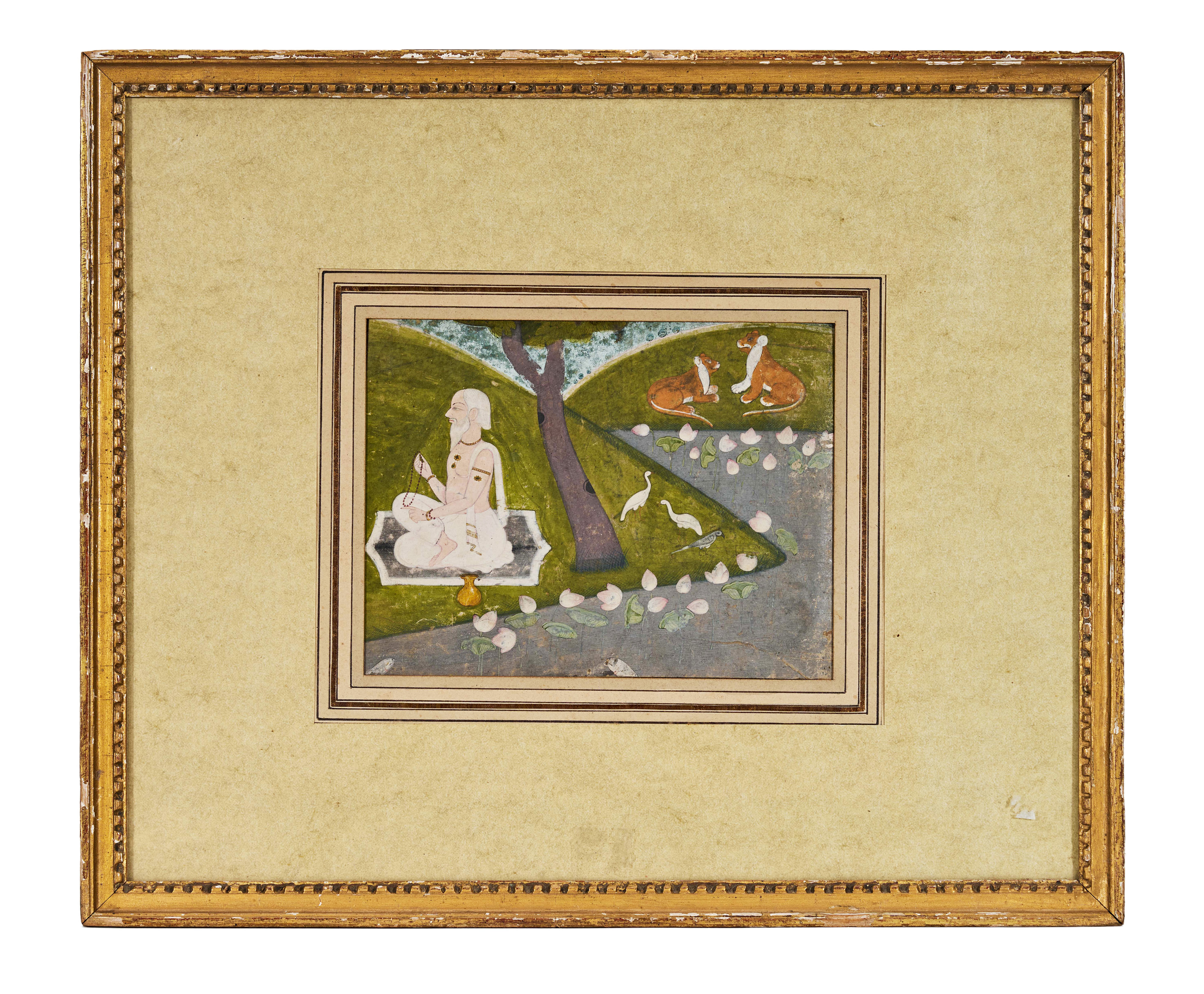 A PAHARI SCHOOL INDIAN MINIATURE PAINTING DEPICTING A SEATED SADHU IN A LANDSCAPE, INDIA, 18TH - 19TH CENTURY